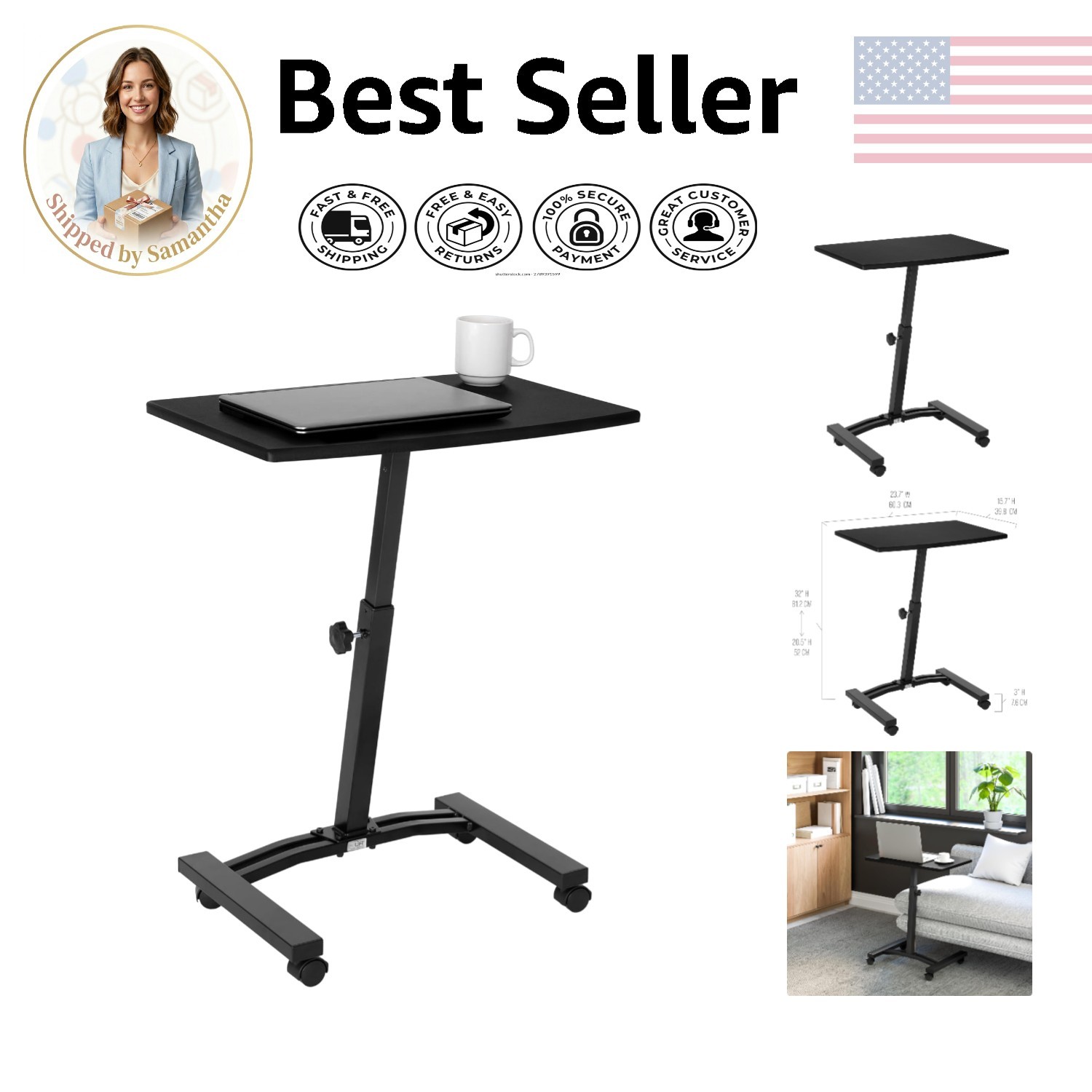 Compact Mobile Laptop Desk with Wheels - Adjustable Height for Ergonomic Comfort