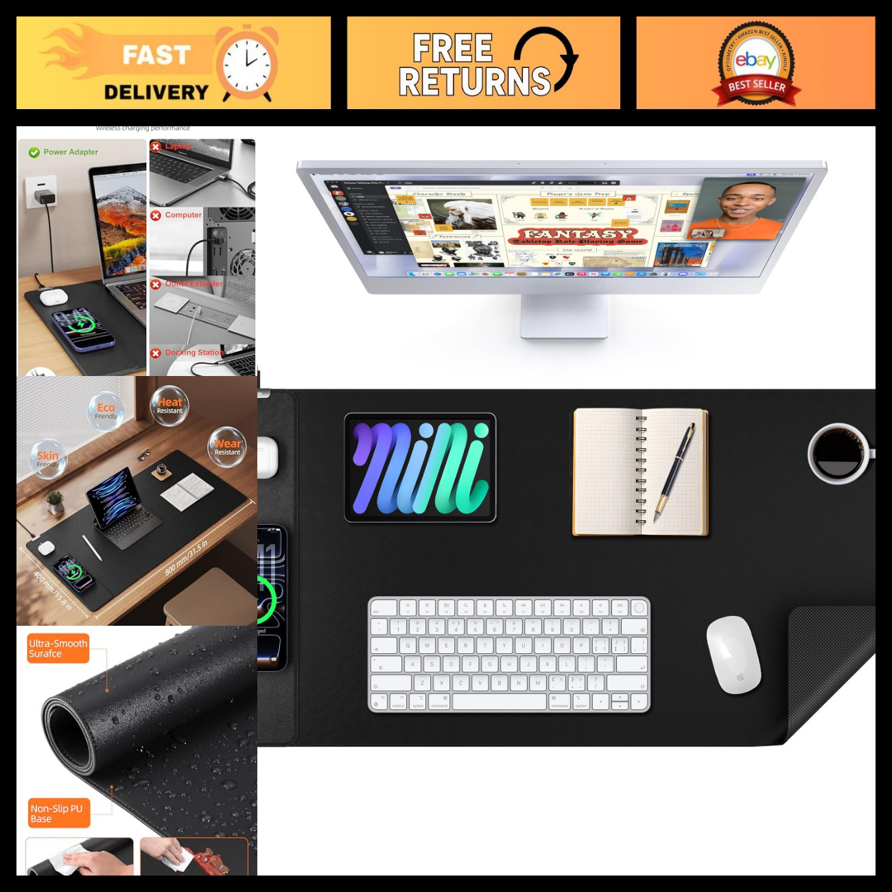 XXL Large Leather Mouse Pad with 15W Wireless Charging - Black Desk Mat