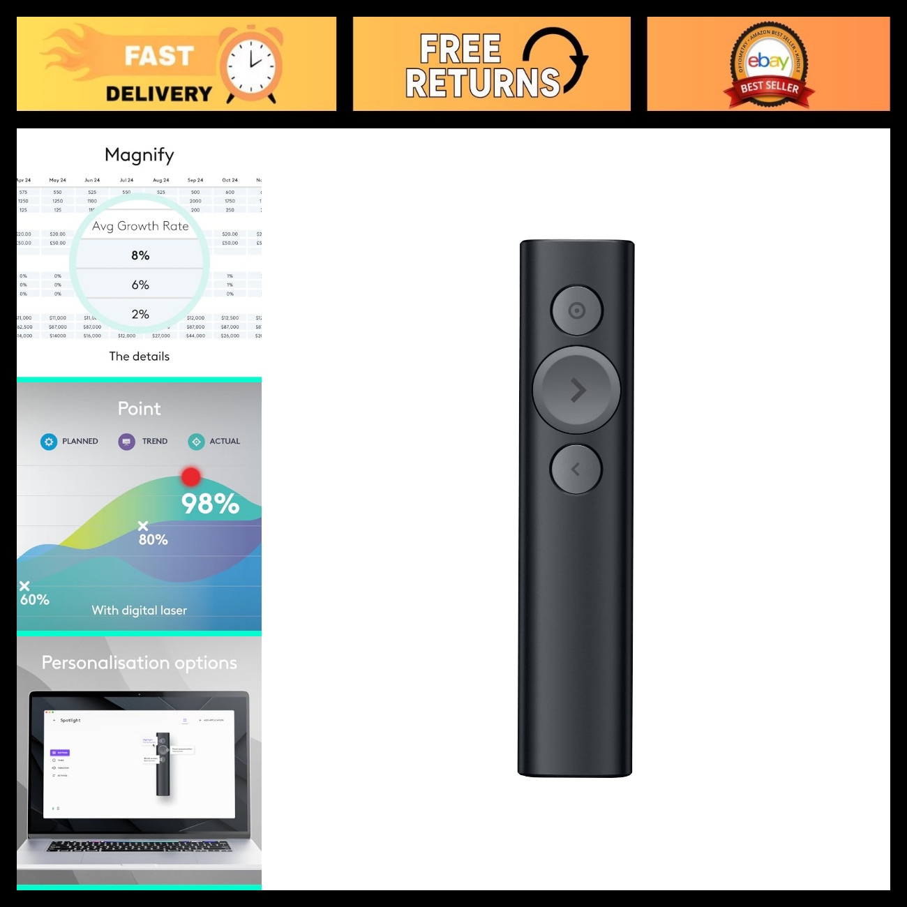Universal Wireless Presentation Remote - Spotlight Clicker, Black, USB Receiver,