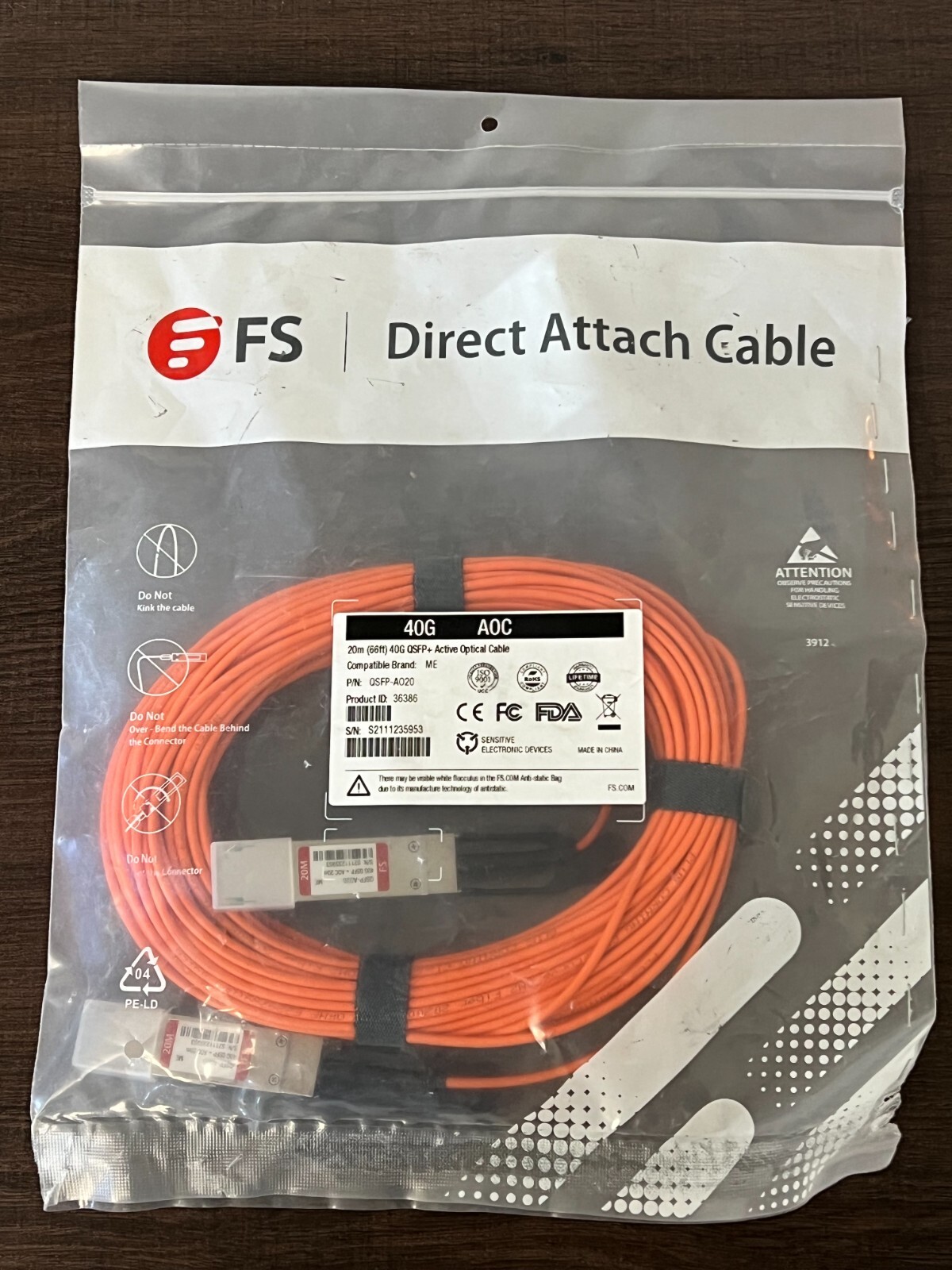COMPATIBLE MC2206310-020 FS.com 20m 66ft QSFP+ Active Optical Cable NEW SEALED