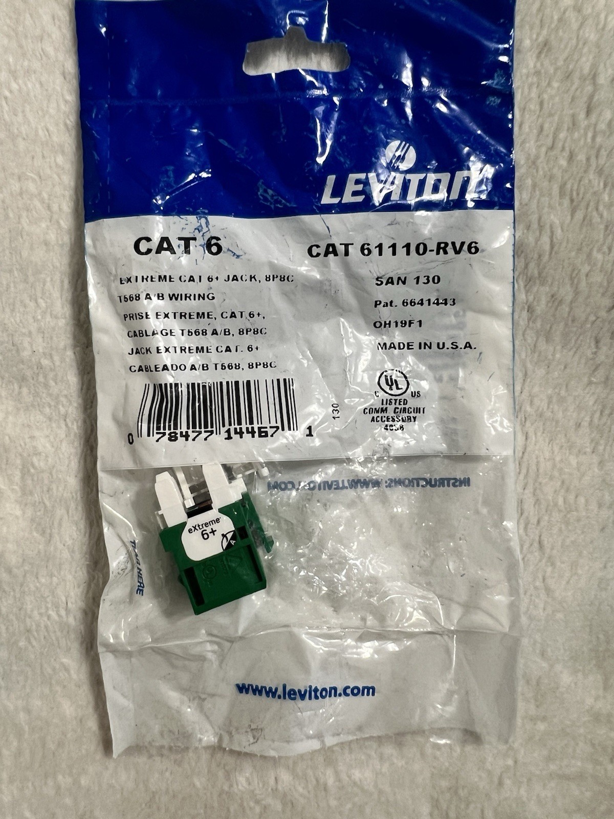LEVITON CAT 6+ JACK~ CAT 61110-RV~ 6~Green 6110G-RV6 Jacks~ CIRCUIT ~ NEW