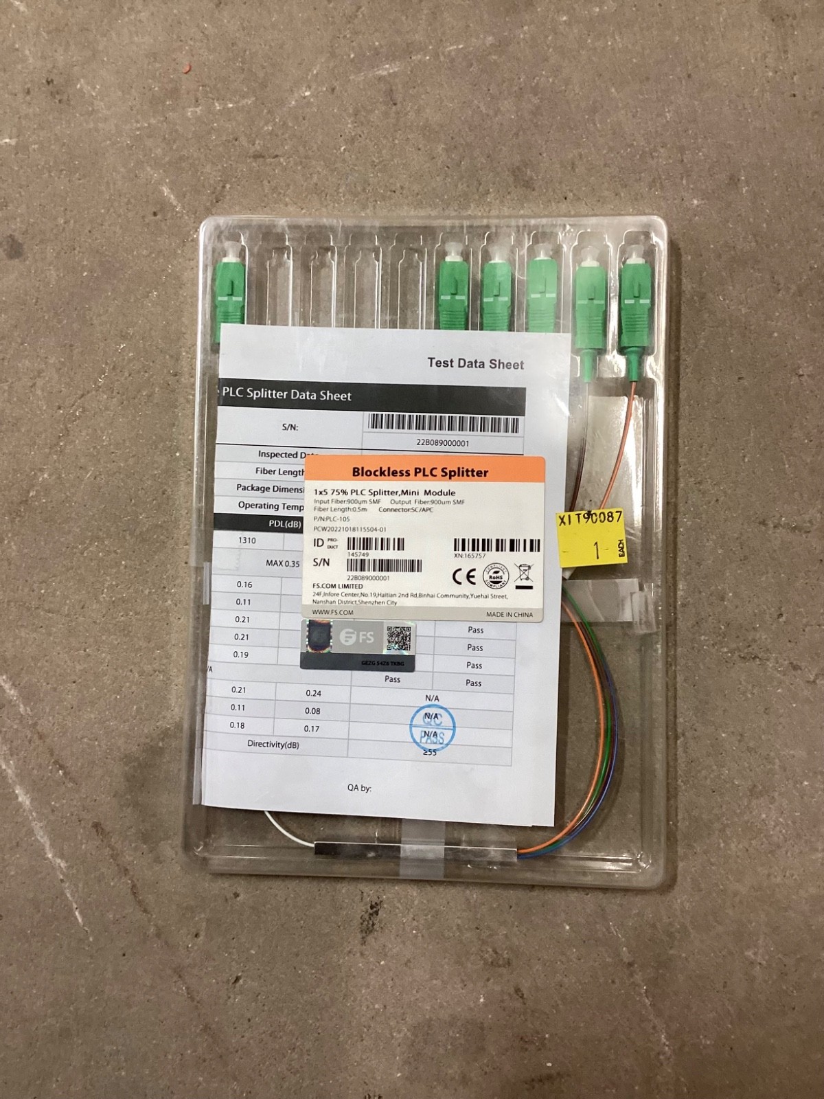 1 x 5 75% PLC Fiber Splitter, Singlemode Mini Module, SC/APC 0.5M 165757 PLC-105