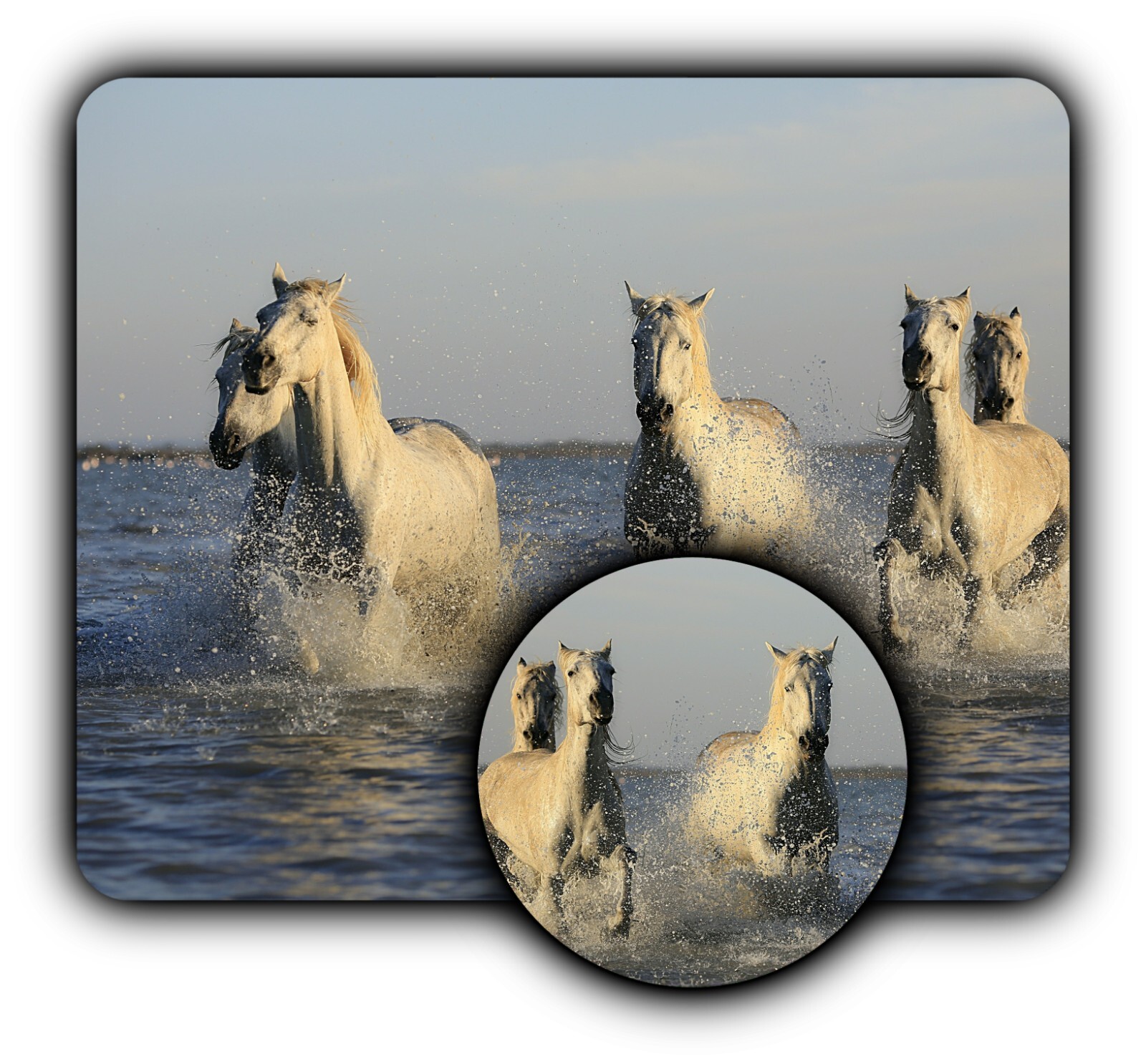 White Horses Running Water Mouse Pad + Coaster -1/4" Rubber Mat -Great Gift Idea