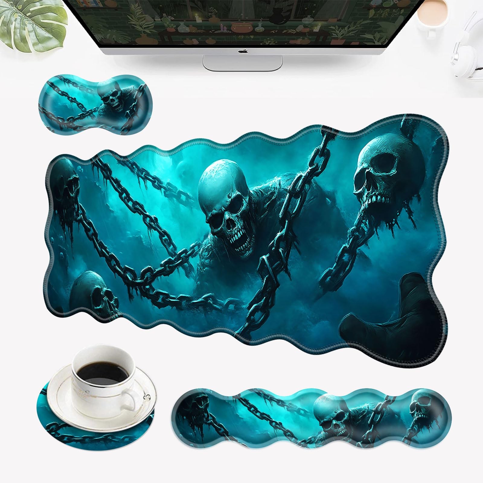 4in1 Large Desk Mat Mouse Pad Wrist Rest Ergonomic Keyboard Cool Skulls
