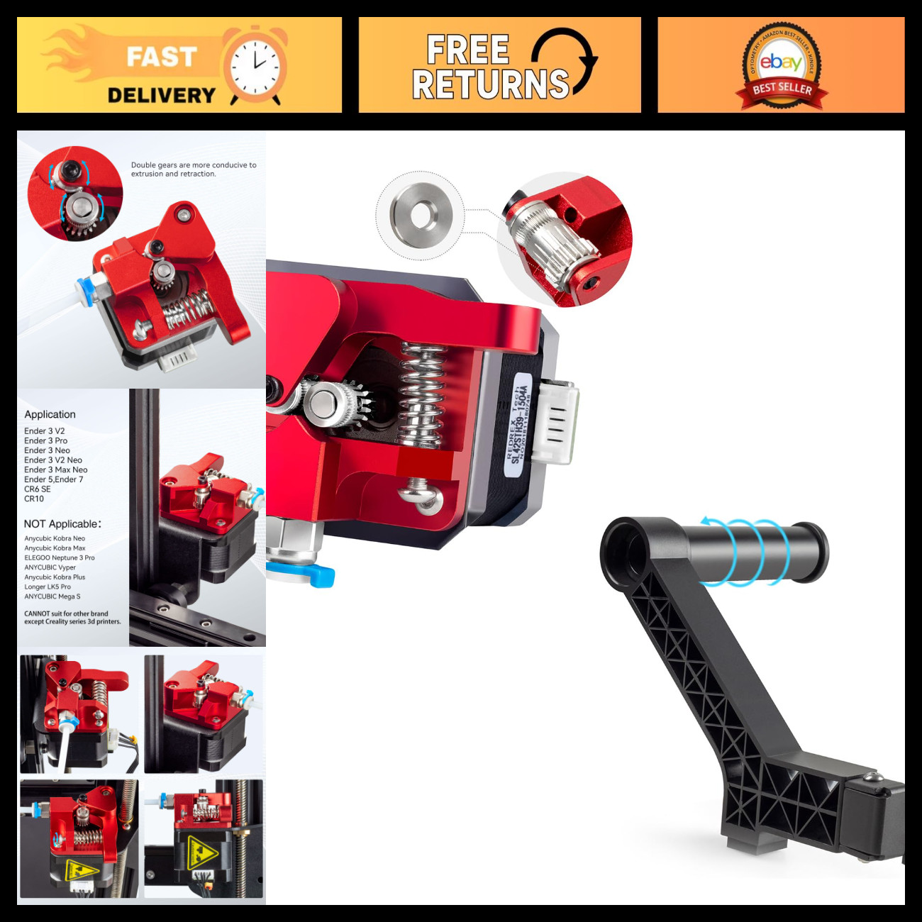 Dual Gear Extruder Upgrade for Ender 3 with Nema 17 Stepper Motor & Rotatable Fi