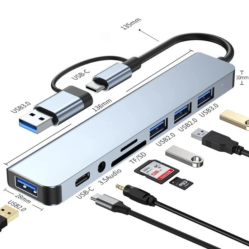 USB 3.0 Hub 8 Port Extender Splitter AC Adapter Cable PC Laptop TF/SD Card iPad