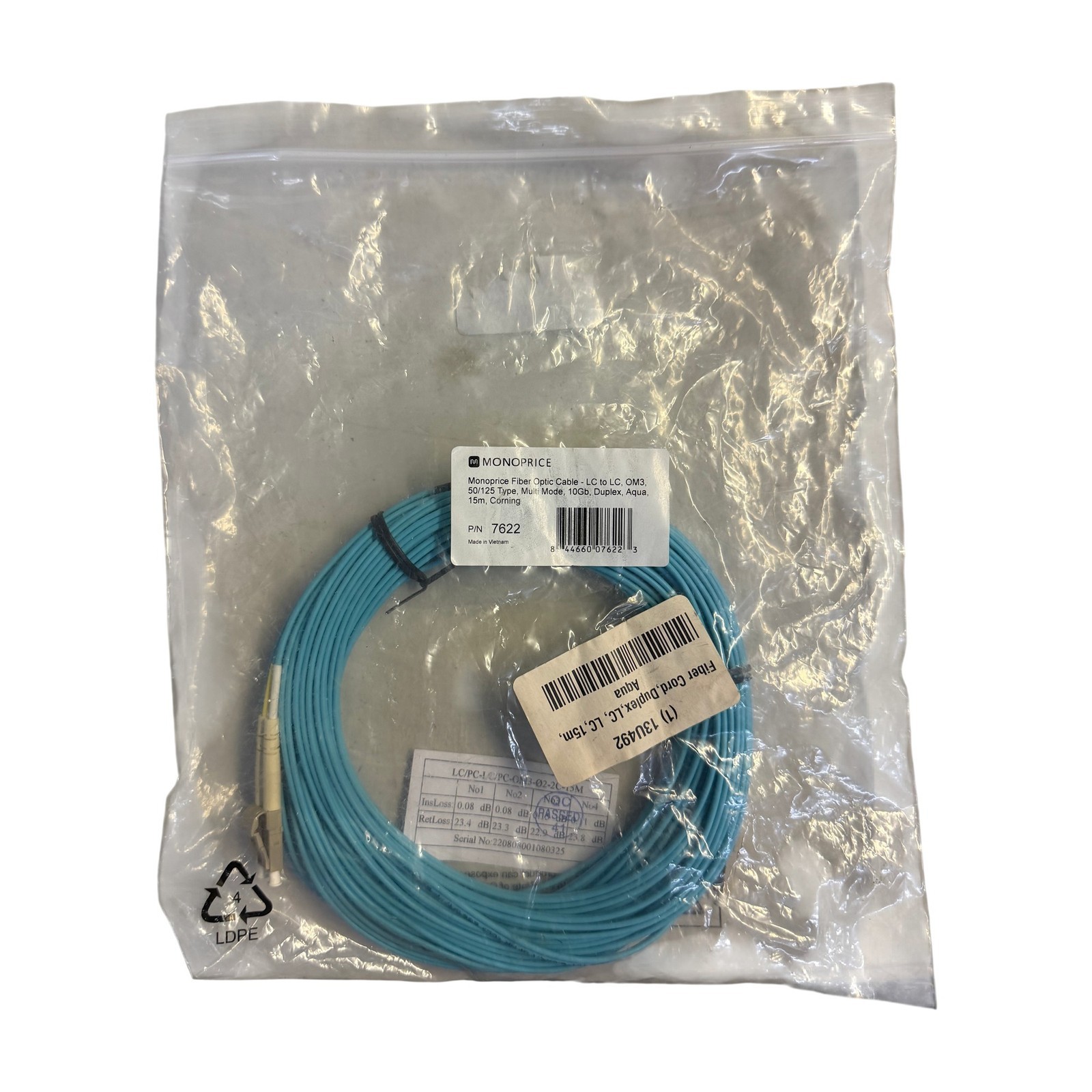 Monoprice 7622 LC to LC OM3 50/125 Multimode Duplex Fiber Optic Cable 15m Aqua