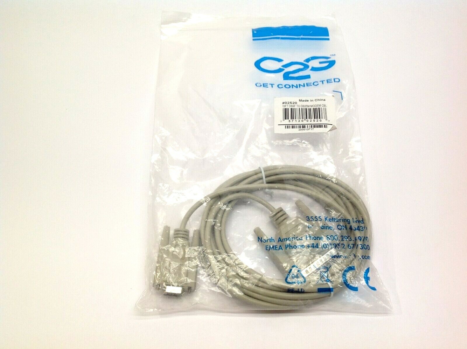 C2G 02520 Serial RS232 Modem Cable DB9 Female to DB25 Male 15’