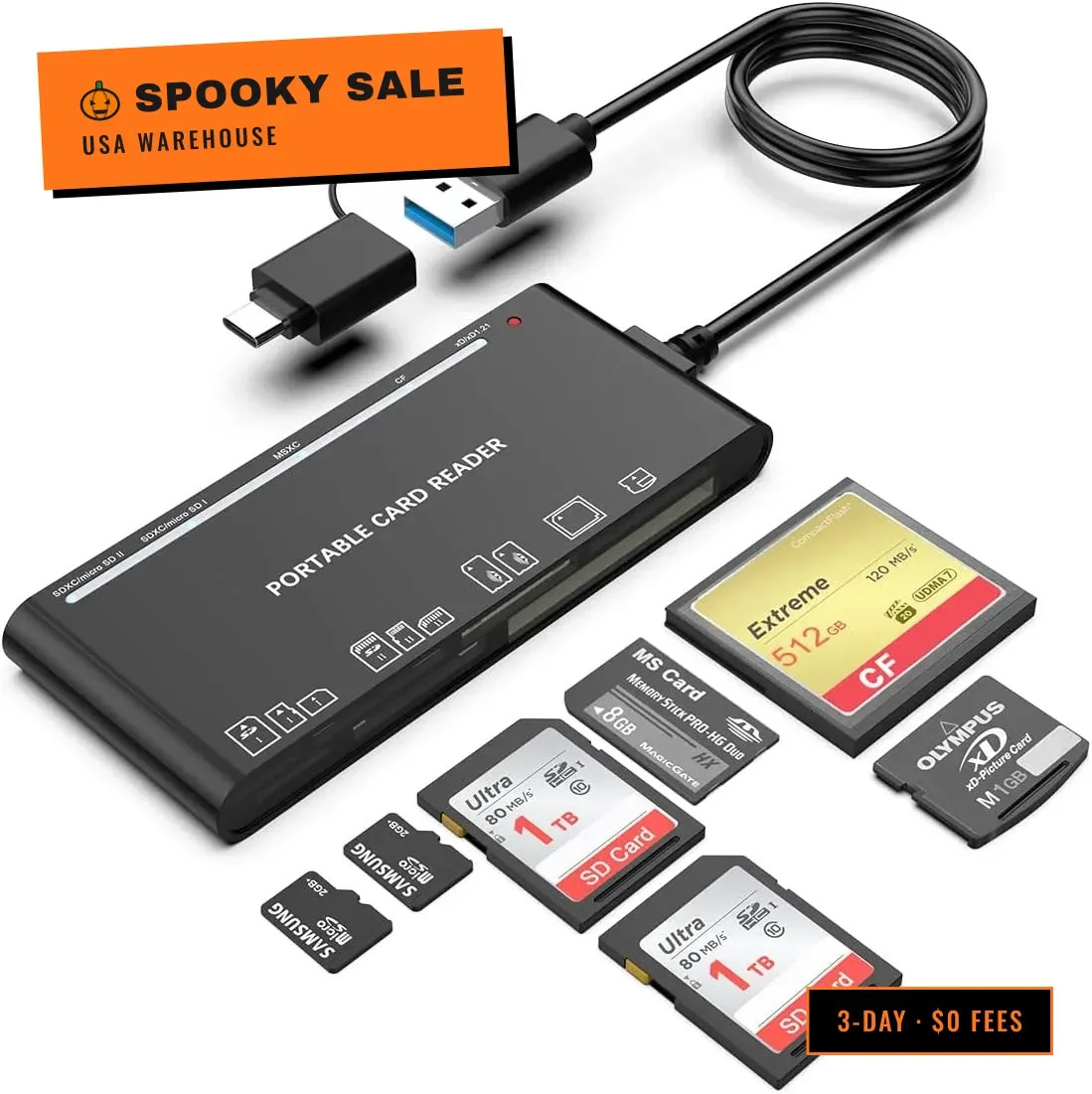 USB C USB3.0 Multi Card Reader for SD, CF, Micro SD, XD, MS Cards - 7 in 1 Adapt