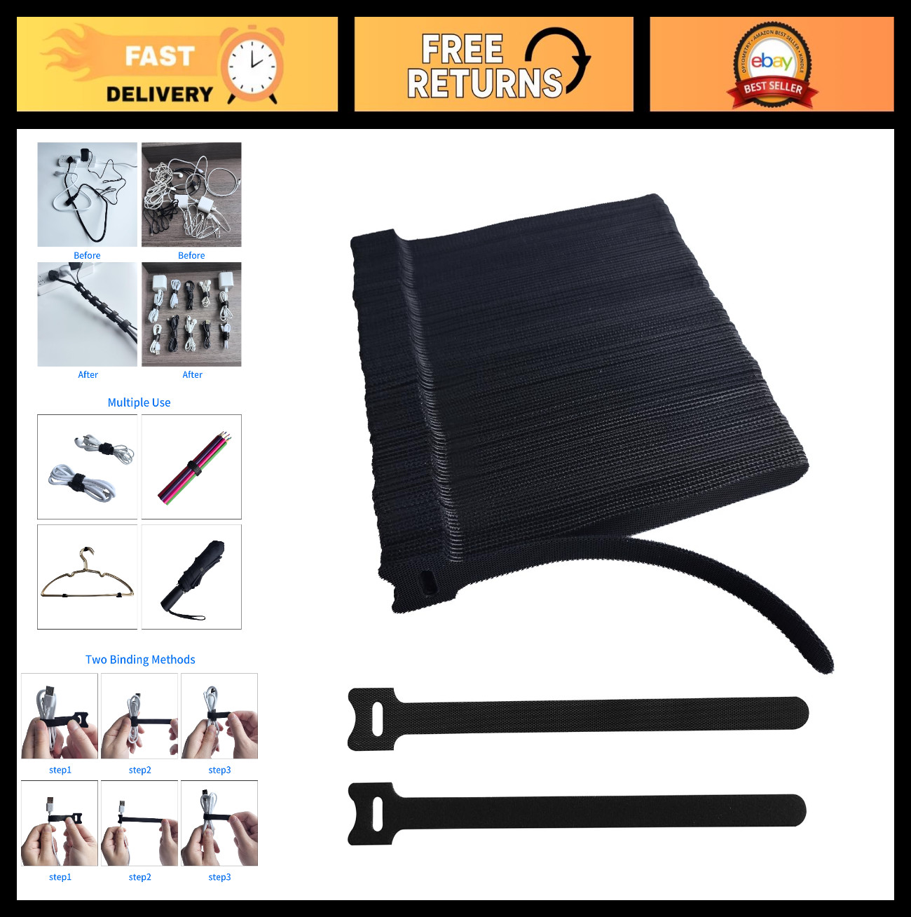 200 PCS 8" Black Reusable Cable Ties - Adjustable Cord Straps for Home, Office,
