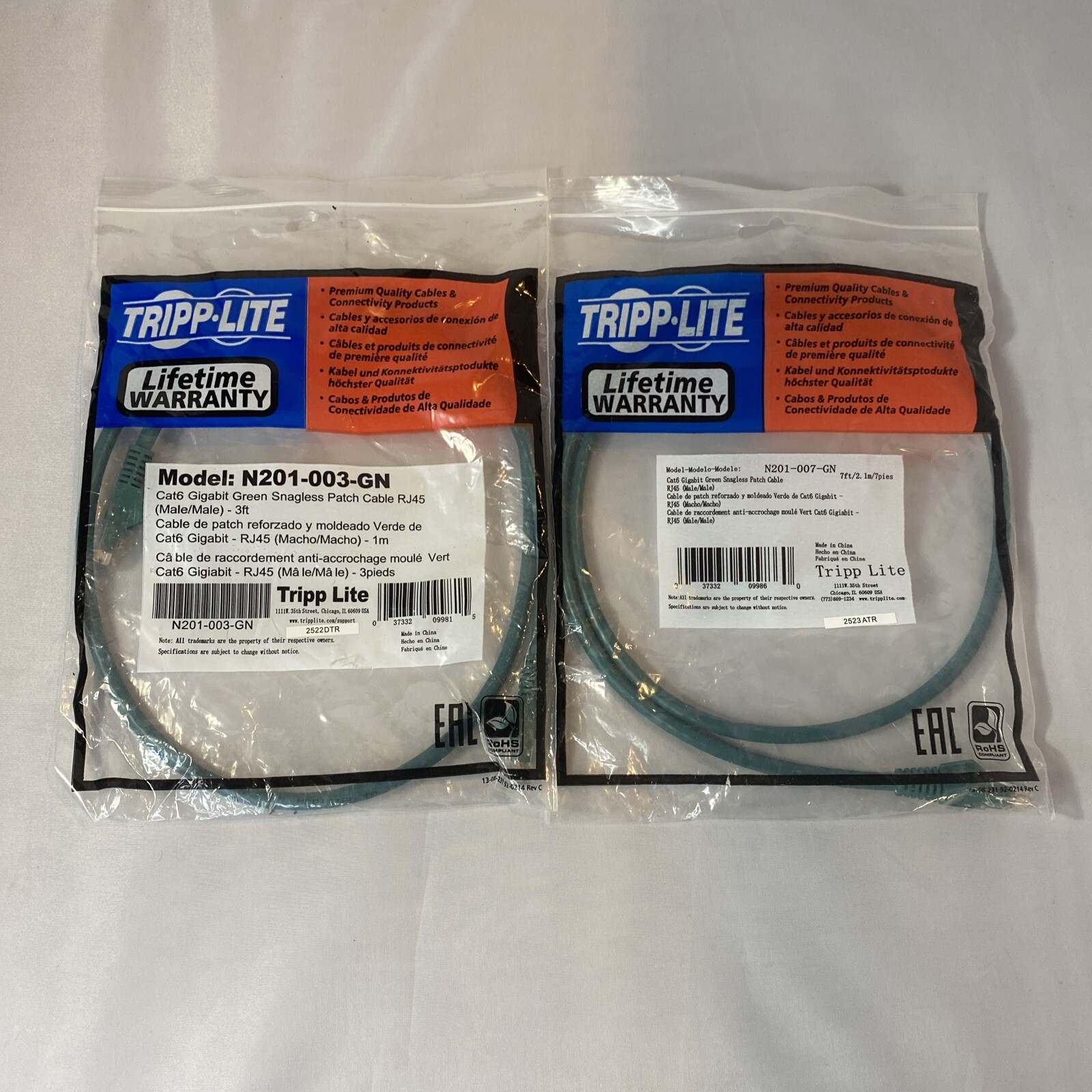 Tripp Lite Cat6 Patch Cables Lot - 1 X Rj-45 Male 3ft Green - Lot Of 2 Cables