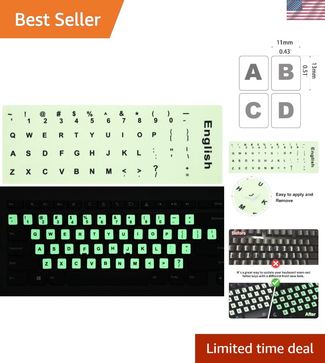 2PCS Glow in the Dark Universal English Keyboard Stickers for Laptops & Desktops