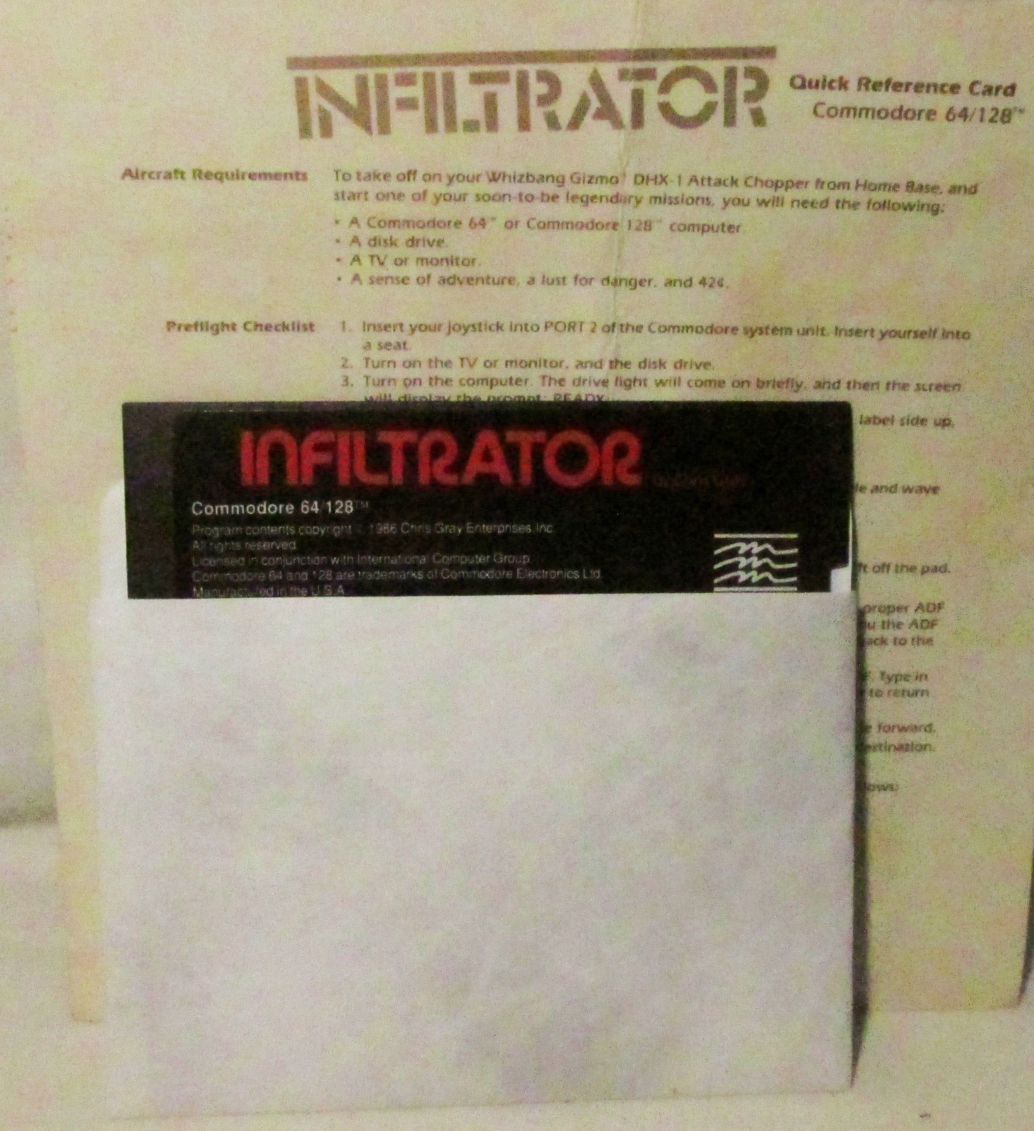 Mindscape Infiltrator Disk and Reference Card for Commodore 64/128 5.25 Floppy