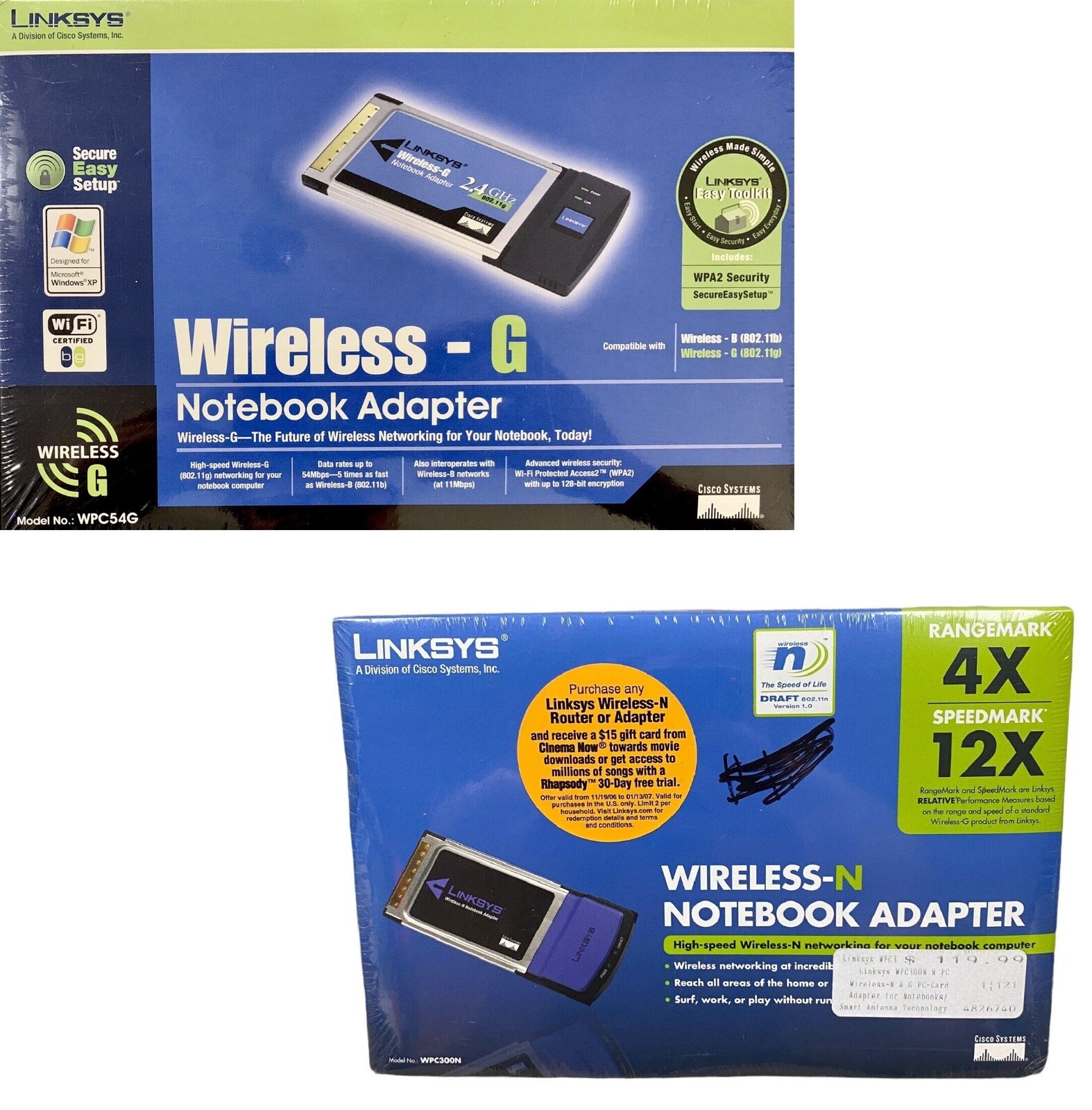 2x Linksys Wireless-G PCMCIA Wireless-B Lot Laptop Notebook Wifi Card Wireless-N