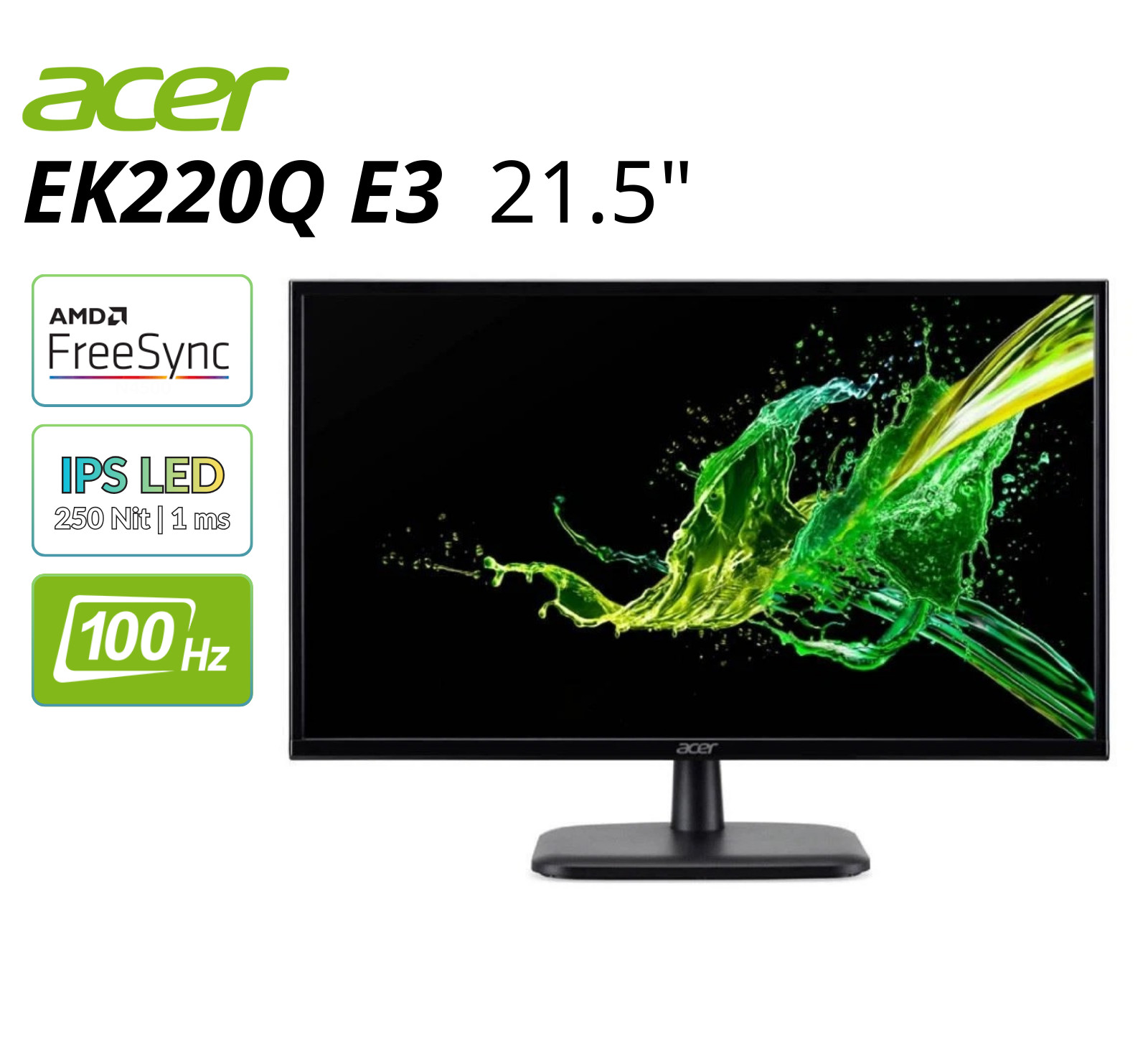 Acer EK220Q E3 21.5" Widescreen LED Monitor 1920x1080 100Hz 250Nit Refurbished