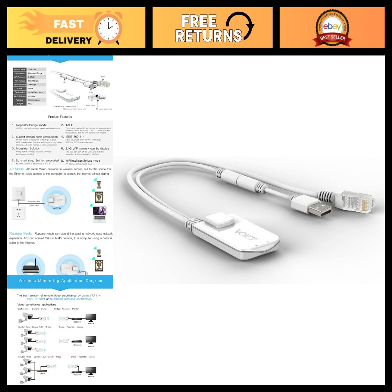 Mini WiFi Bridge Ethernet Adapter 300Mbps 2.4GHz WLAN Repeater for Network Devic