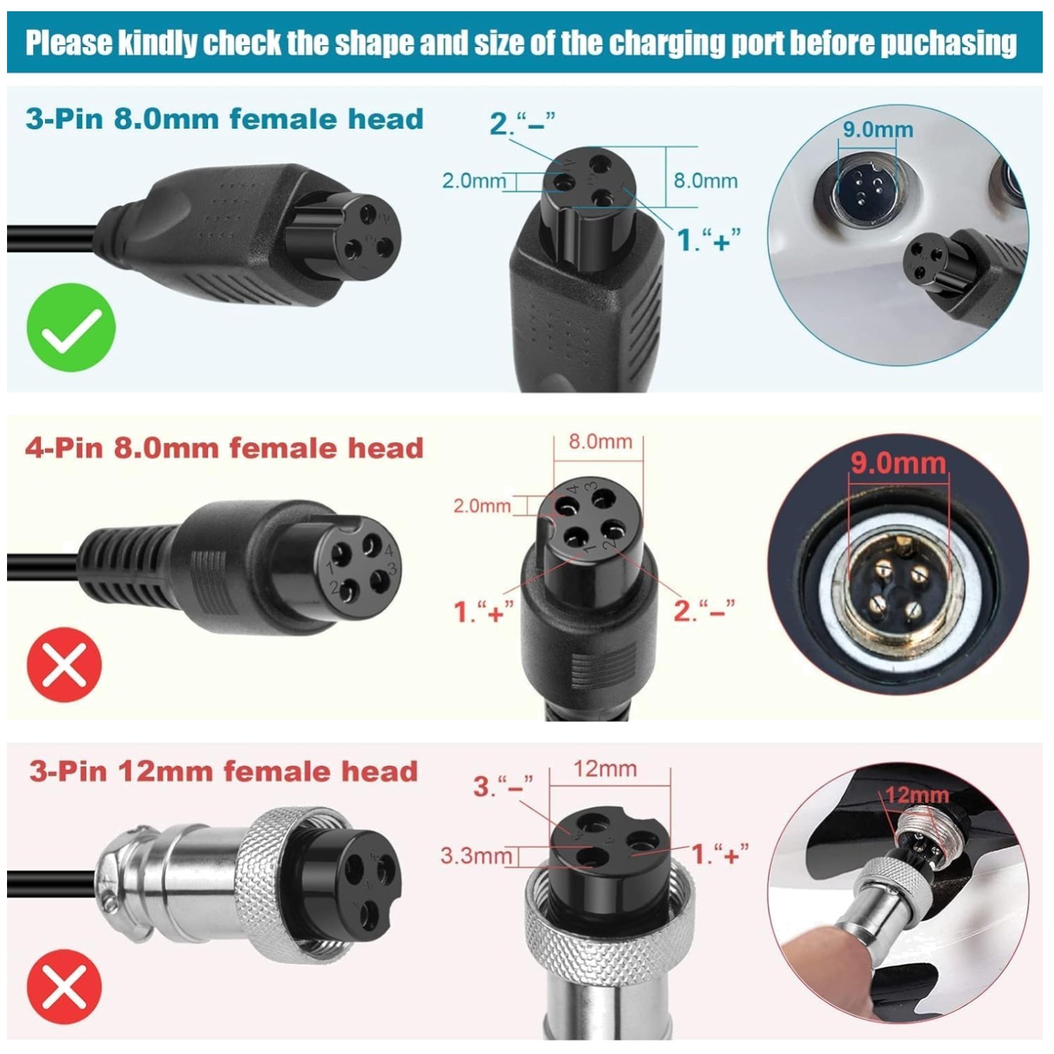 3-Pin Inline Power Charger Cable for 36V-42V Li-ion Battery-~^
