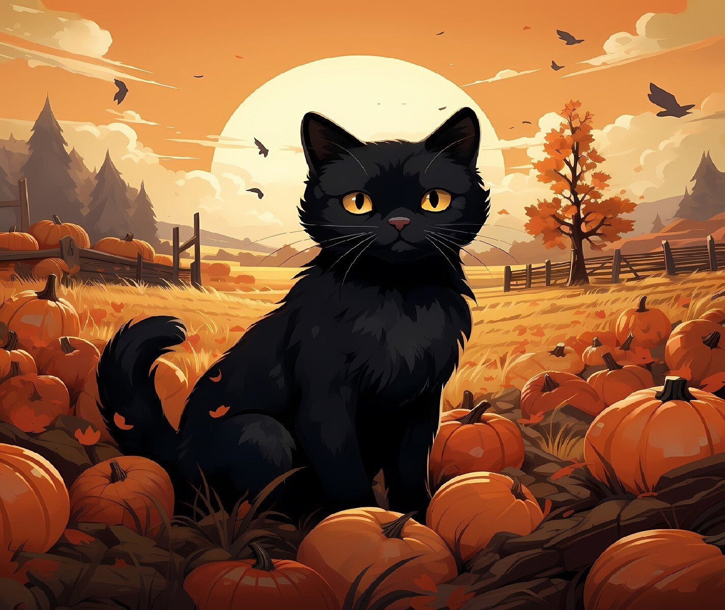 HALLOWEEN BLACK CAT FALL PUMPKINS PATCH MOON COMPUTER MOUSE PAD  9 x 7