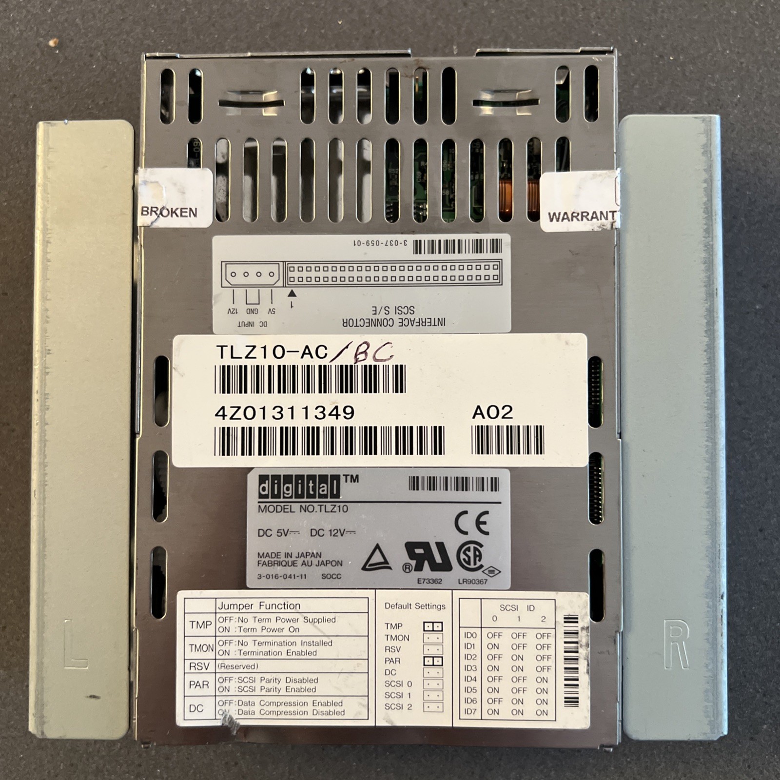 Digital DEC TLZ10  TLZ10-AC DDS3 SCSI LVD TAPE DRIVE (Missing front interface) 