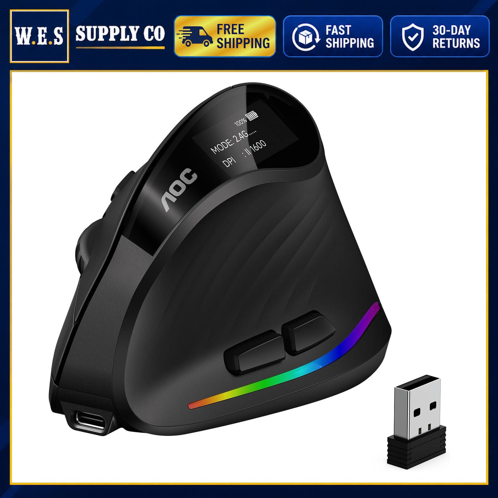 Wireless Vertical Mouse 52° Ergonomic Design 4800 DPI USB Bluetooth