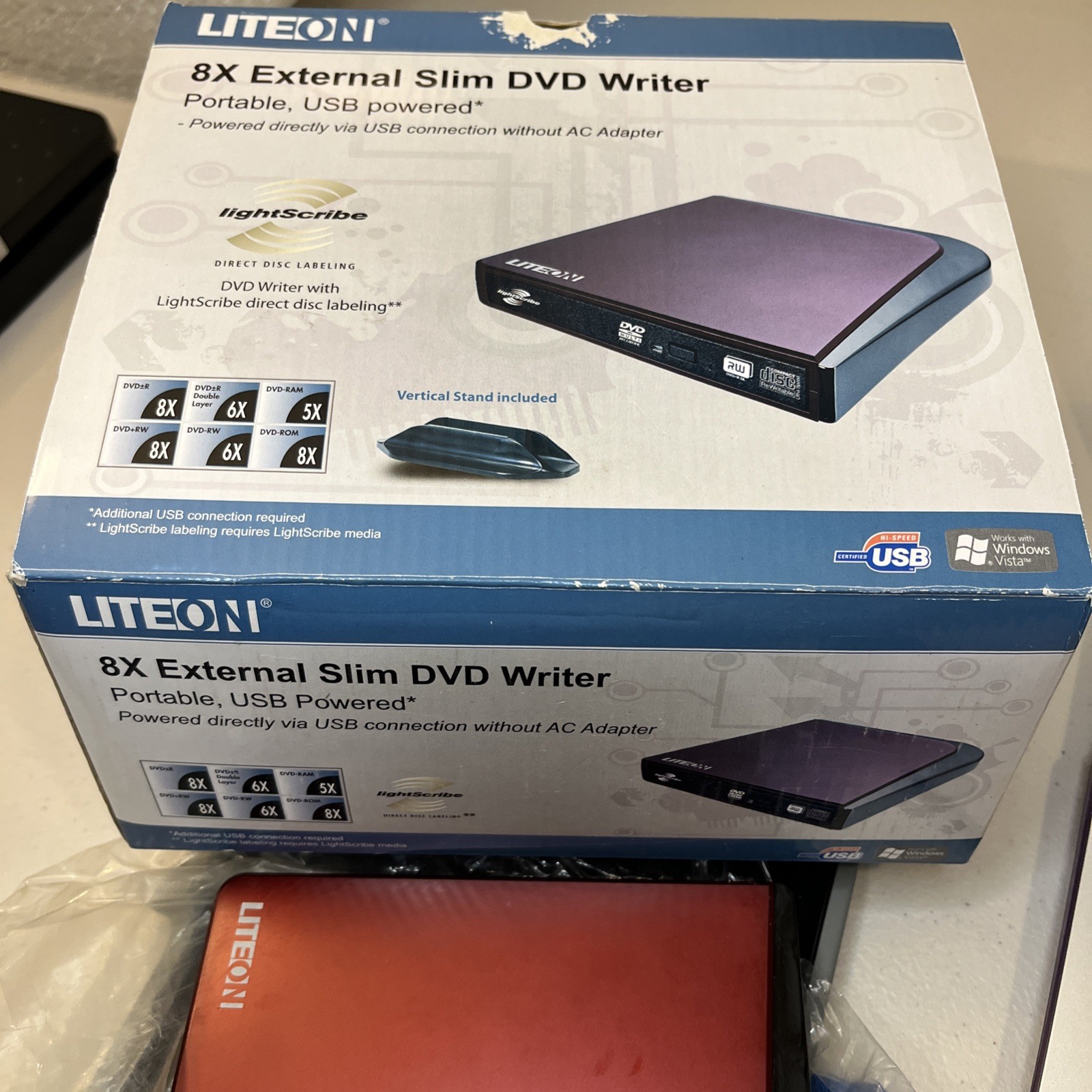 LiteOn 8x USB Slim DVD Writer Portable, USB Powered Burgundy
