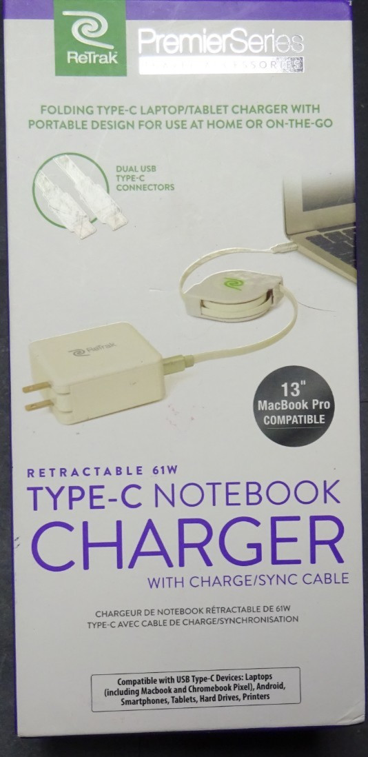 ReTrak Universal Notebook Charger With USB C Retractable 60W Power Adapter