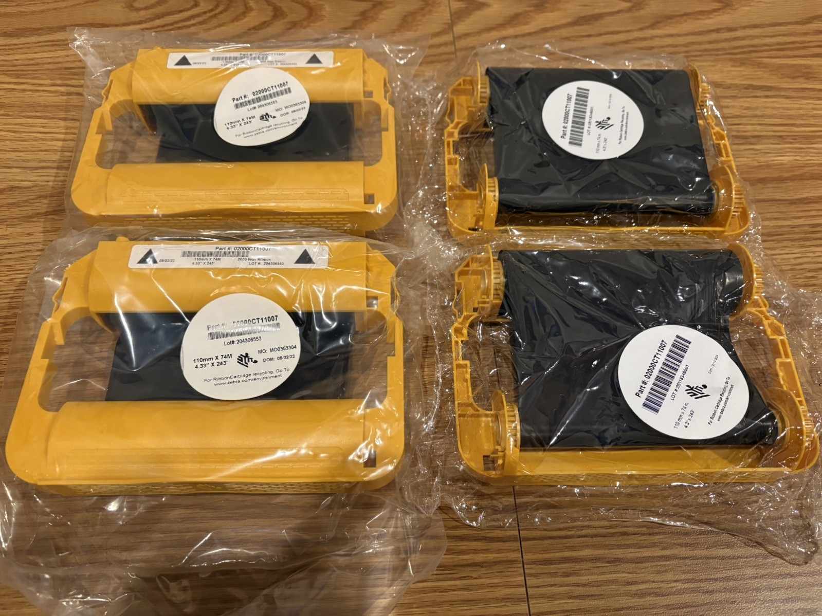 LOT of 4 - Zebra 2000 Performance Wax Ribbon Cartridge  02000CT11007 110mmx74m