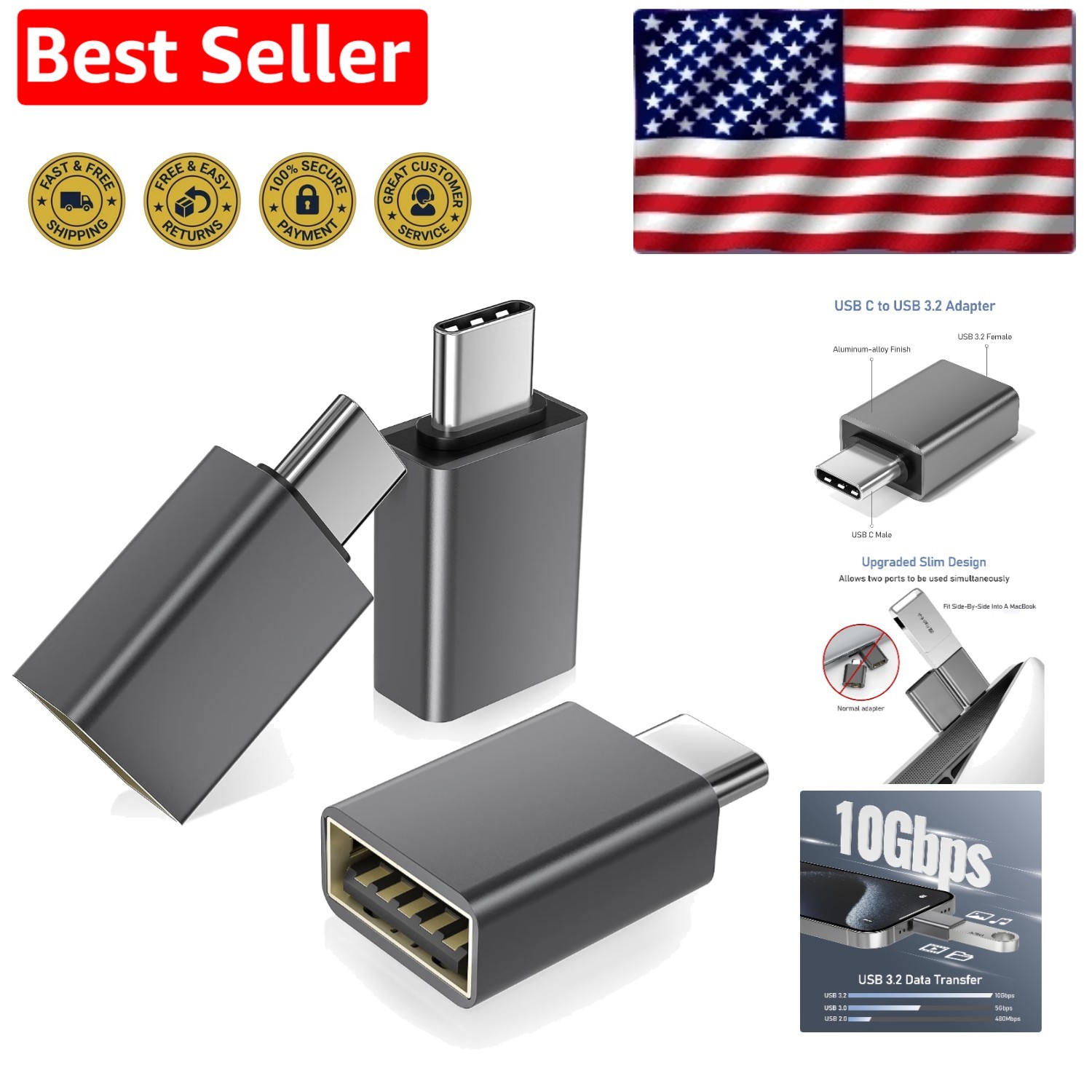 Sleek 3-Pack USB C to USB Converter - 10Gbps Data Transfer for MacBook & More