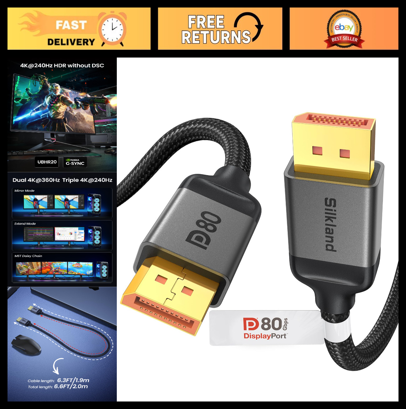 High-Speed 80Gbps DisplayPort 2.1 Cable 6.6FT - 8K@240Hz, 4K@540Hz, HDR, Gaming