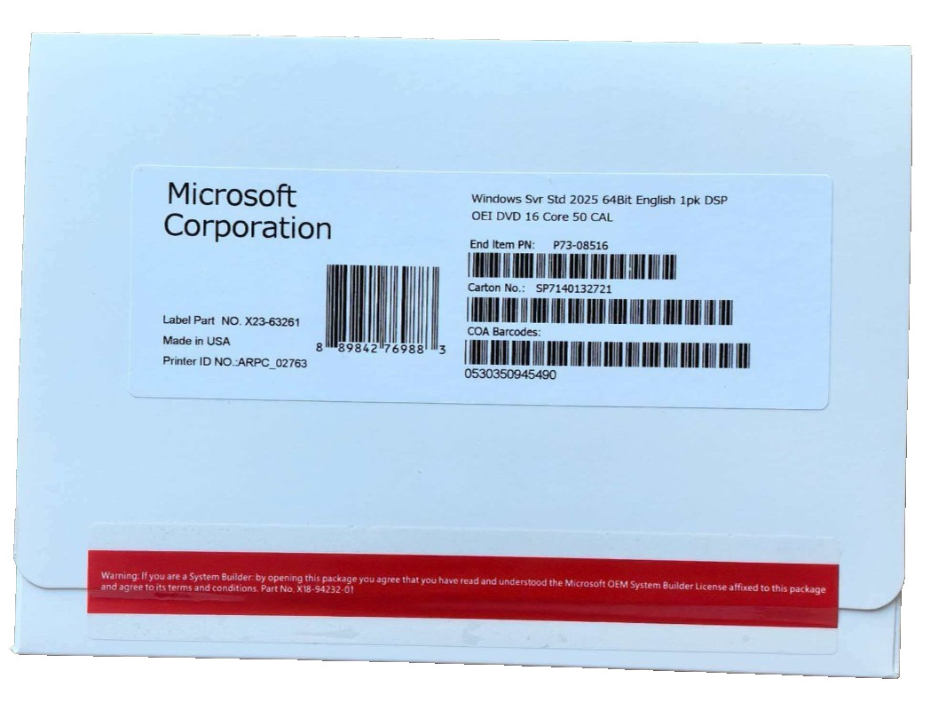 Win Server 2025 Standard 64-bit License & DVD 16 Core 50 CAL  NEW