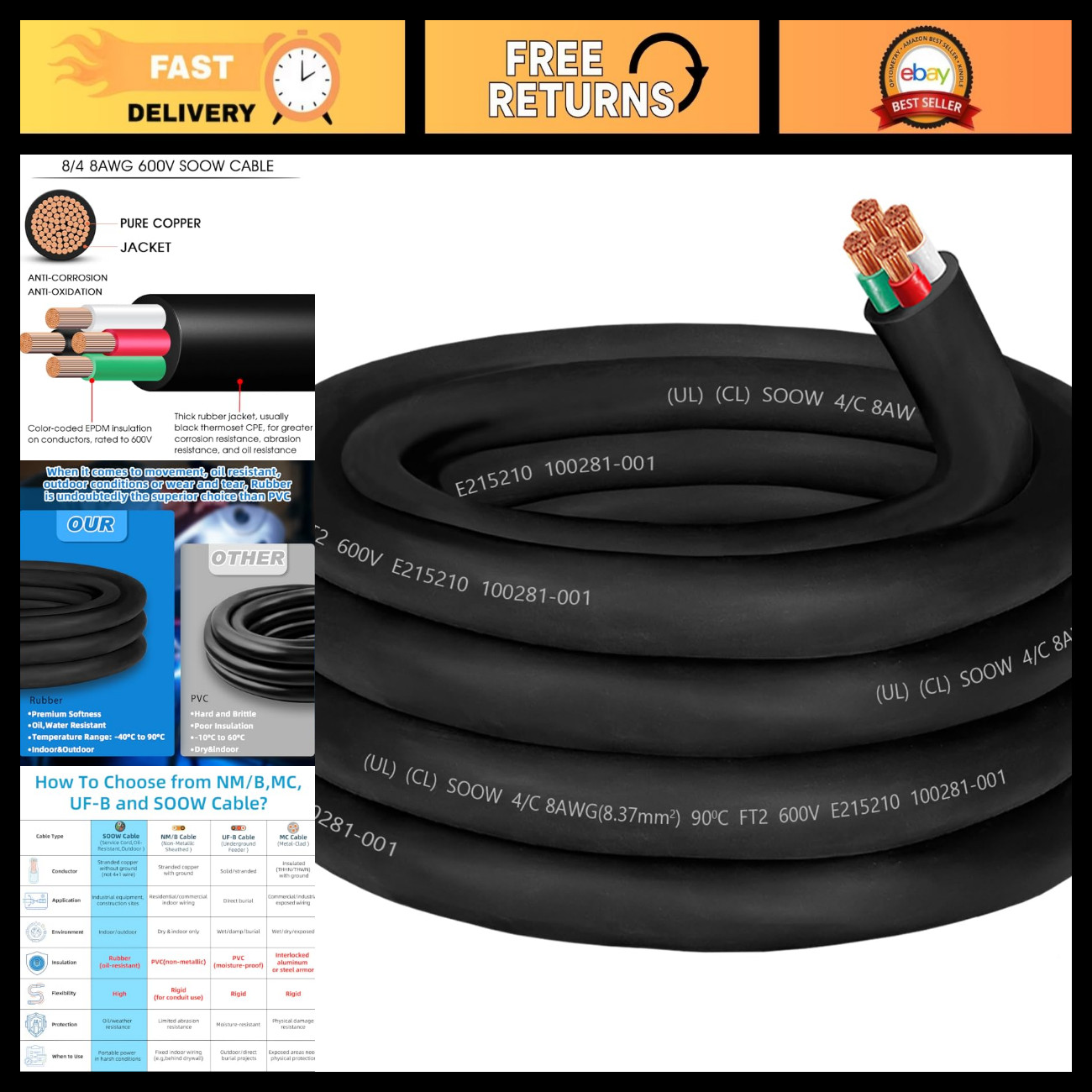 10ft 8/4 SOOW Portable Power Cable, 40 Amp Heavy Duty Electrical Wire, Flexible