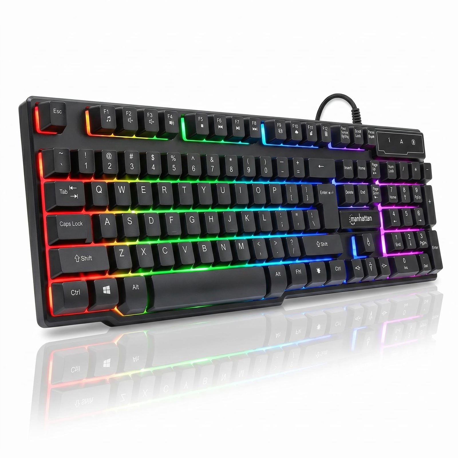 MANHATTAN 104-Key USB Gaming Keyboard Rainbow LED Backlit Spill Resistant Quiet