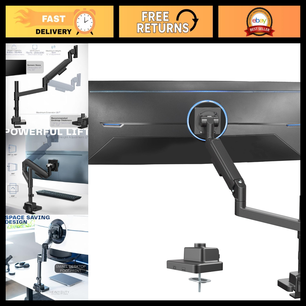 Ultrawide Desk Mount for 57" Screens, Adjustable Monitor Stand, Black, Ergonomic