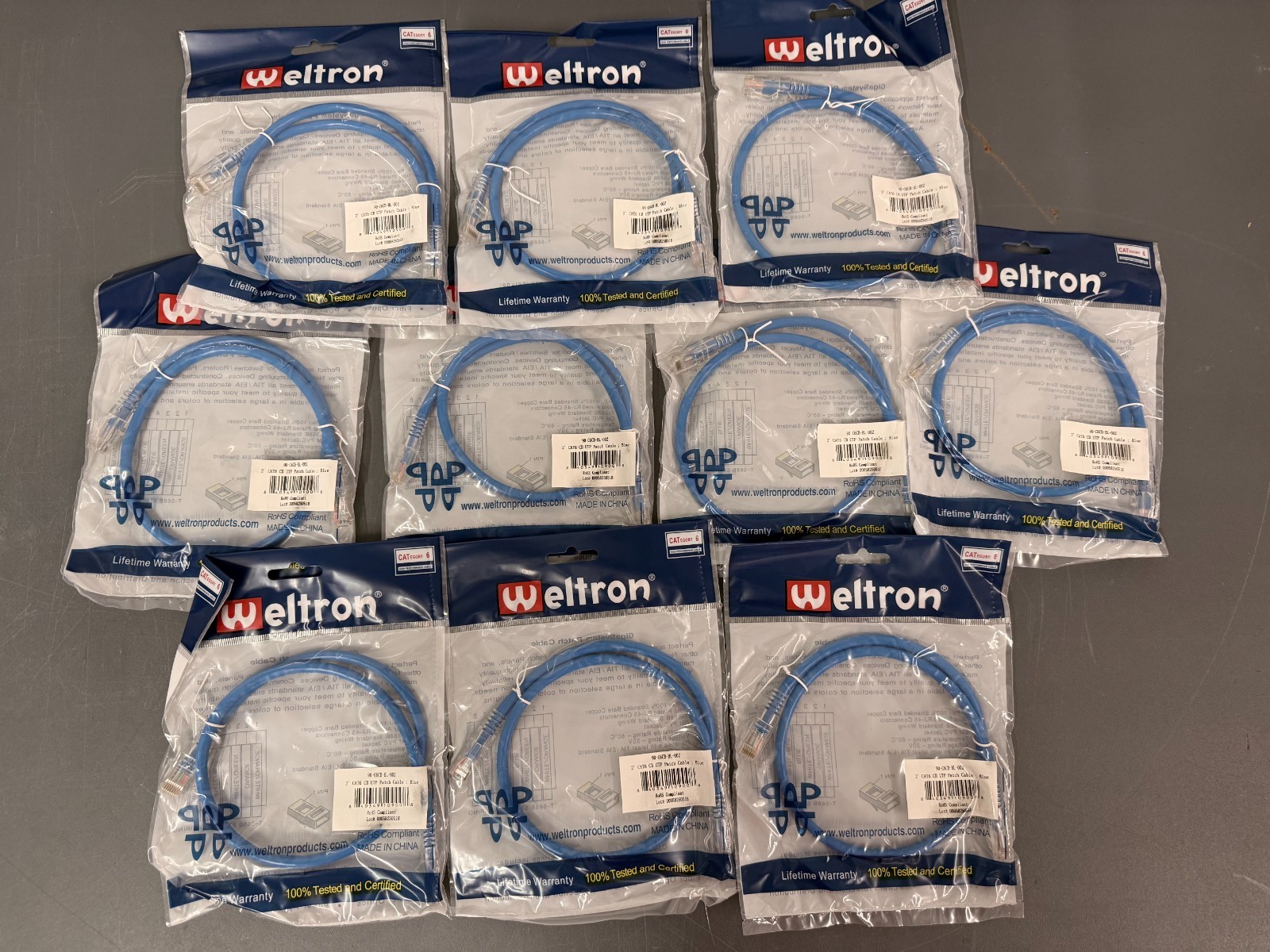 BAG OF 10 Weltron 2' Blue CAT6 RJ45 Snagless Patch Cables # 90-C6CB-BL-002