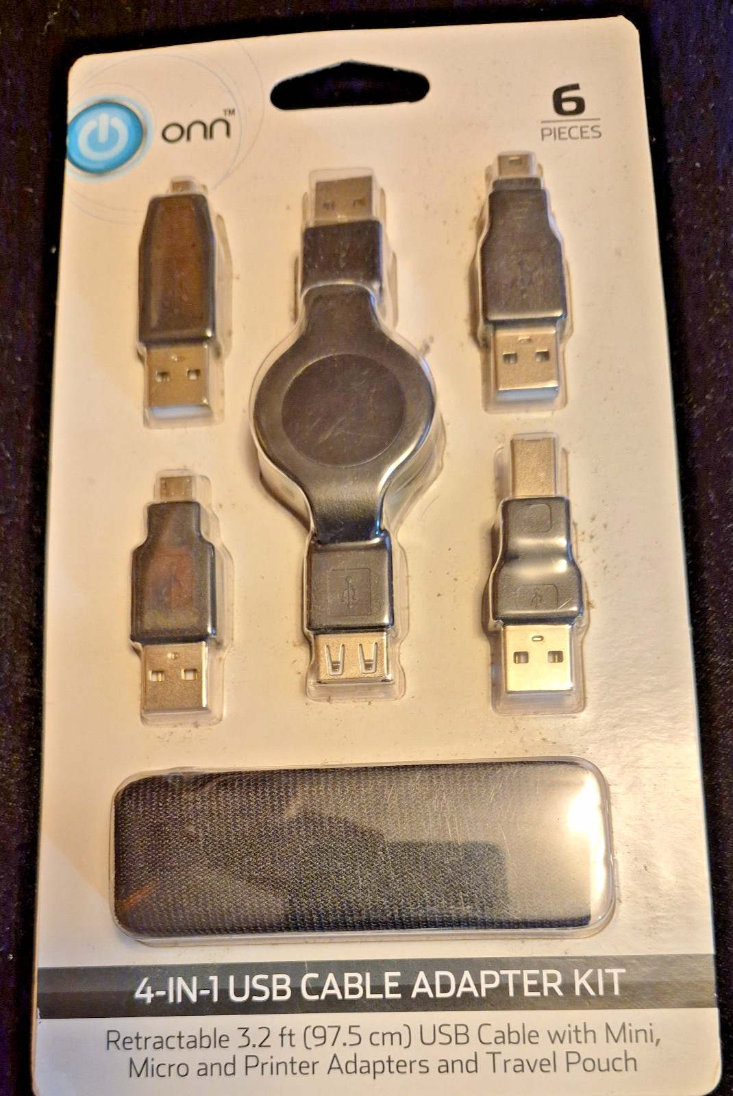 Onn Retractable Cable Universal 4 in 1 USB Adapter Kit With Travel Pouch - Black