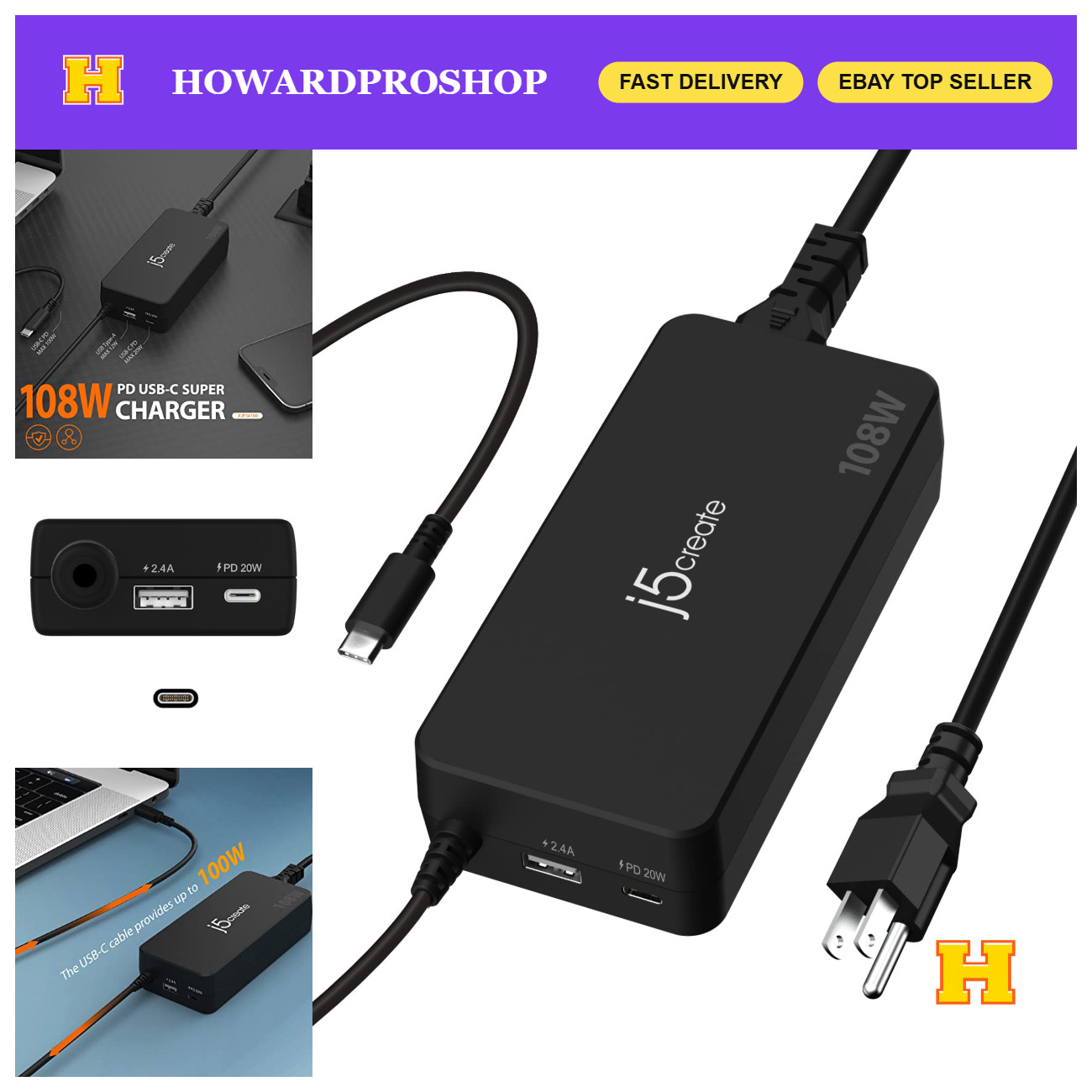 108W USB Type C PD Laptop Fast Charger, Universal Power Adapter, Quick Charge