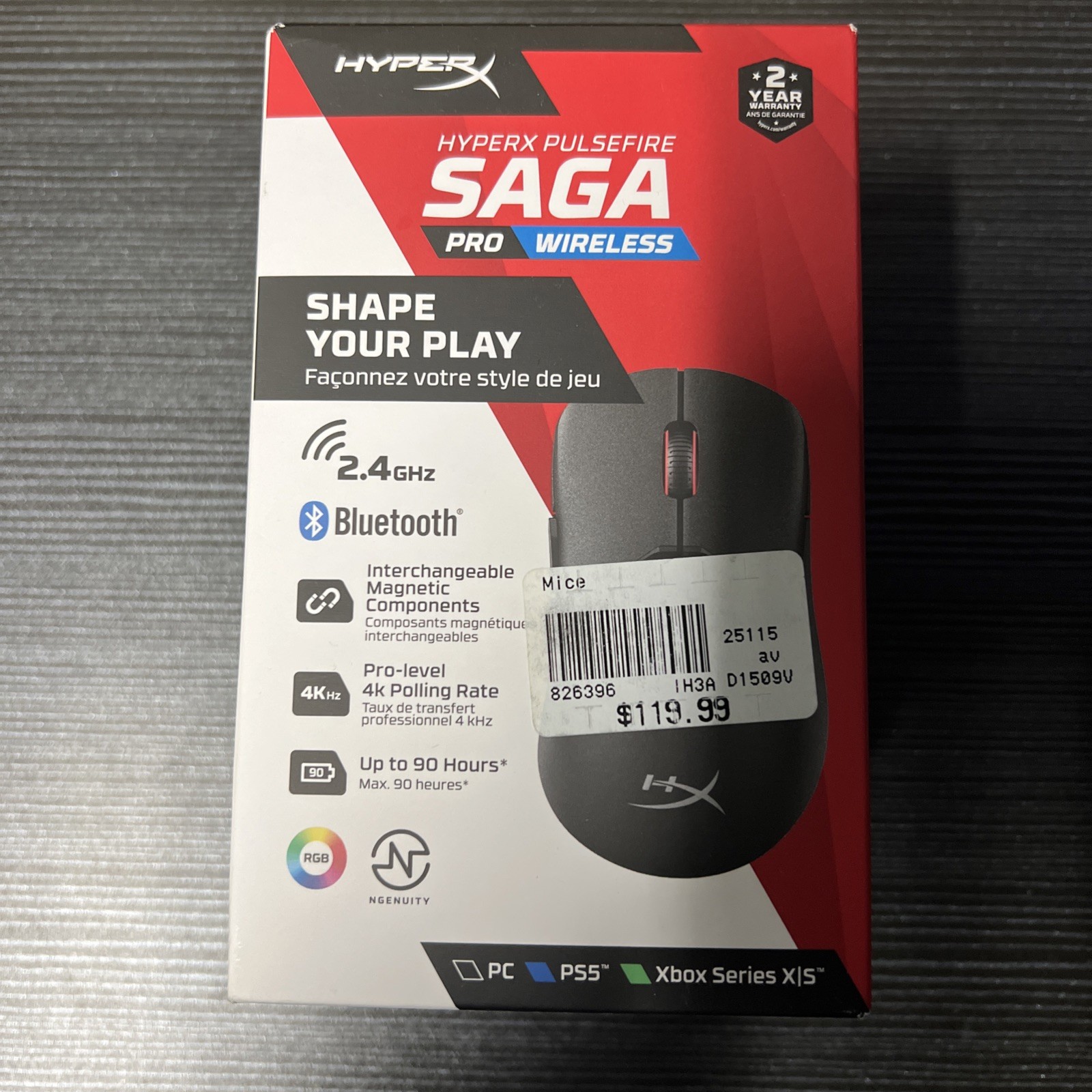 New HyperX Pulsefire Saga Black A2PB2AA Multi-Platform Pro Wireless Mouse