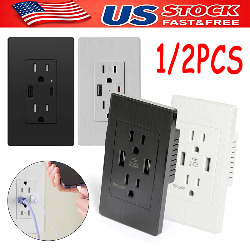 Dual Wall Outlet with USB Ports Charger AC Power Receptacle Plate Panel 15A 120V