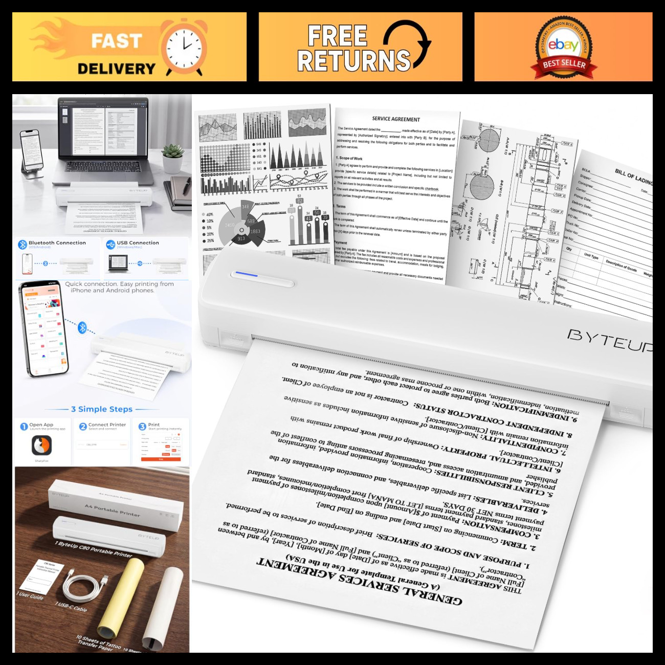Compact Inkless Bluetooth & USB-C Thermal Printer for A4 & Letter Size Paper