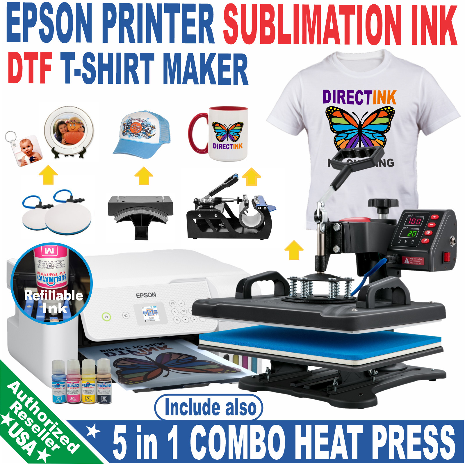Epson Printer with Sublimation ink 5-in-1 Heat Press plus DTF T-Shirt Maker: