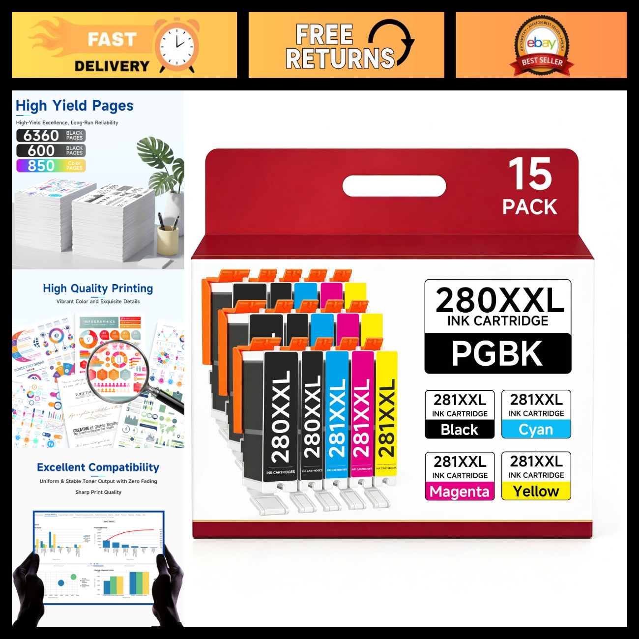High-Capacity Ink Replacement for Canon 280 281 Cartridges - 15 Pack, Compatible