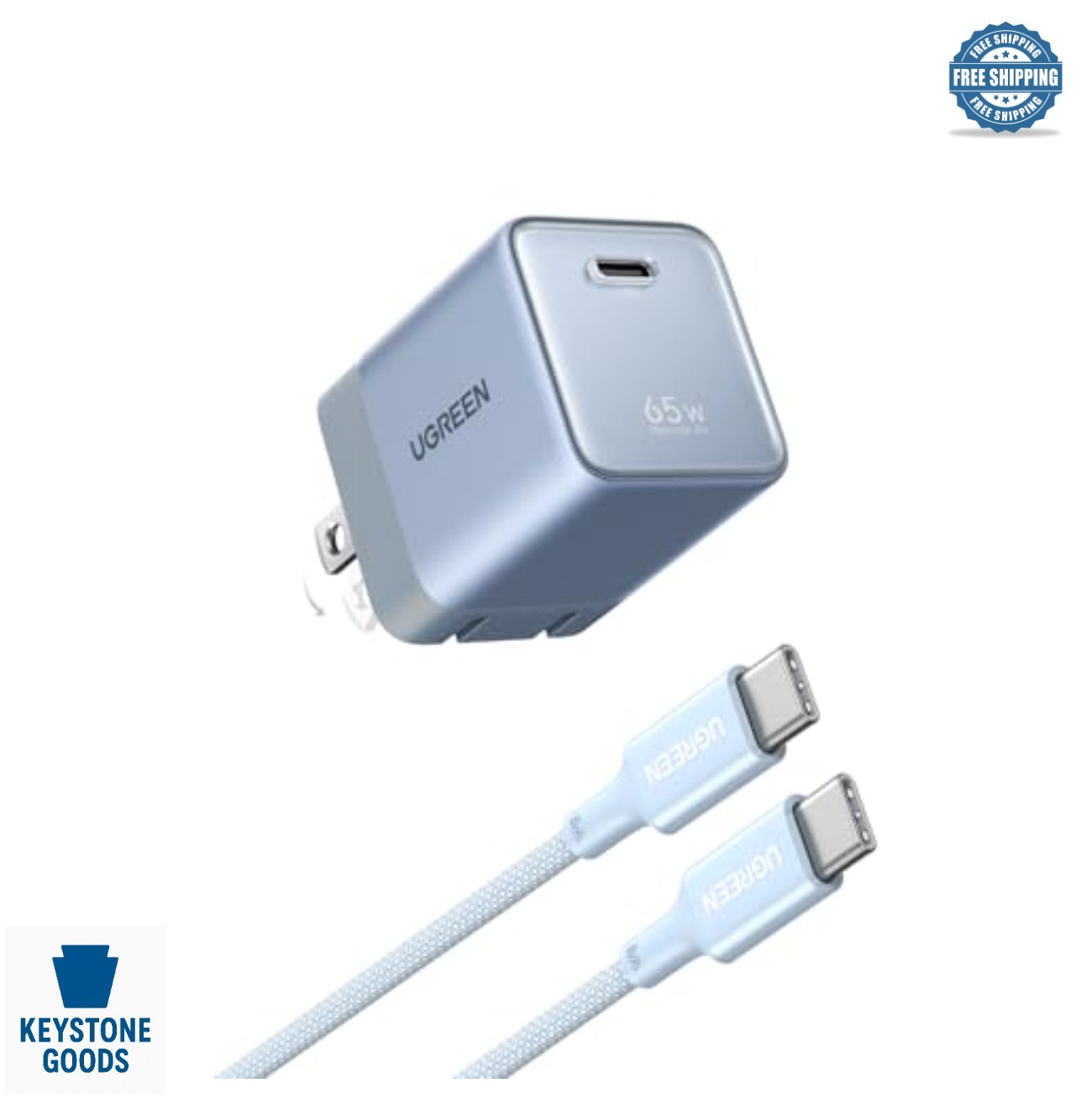 65W USB C GaN Charger Block 3.3ft Cable Blue Foldable Prongs Compact Travel