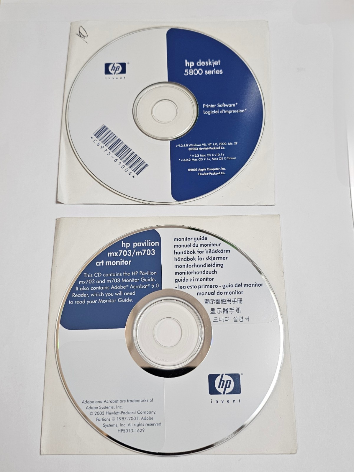 HP Deskjet 5800 Printer Software Disc & HP Pavilion mx703/m703 CRT Monitor Disc 