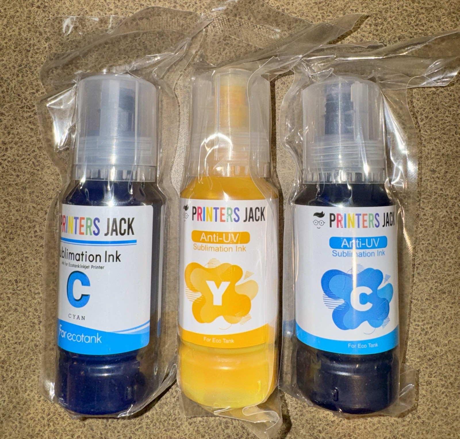 3 Printers Jack Anti-UV Sublimation Ink Epson EcoTank Printers 100ml BLUE YELLOW