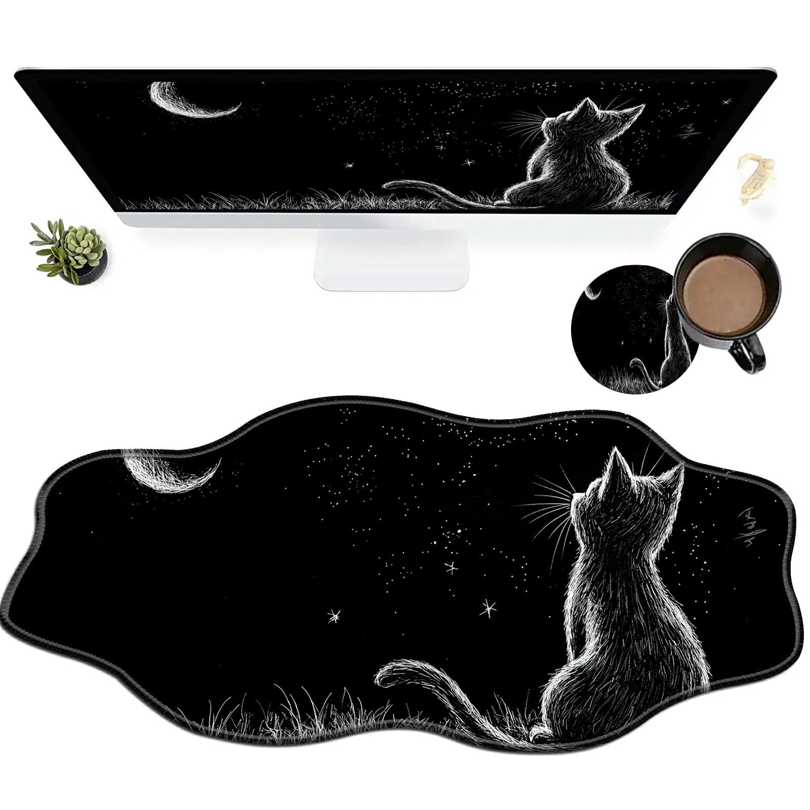 SROJDHFJB Black Cat Moon Large Gaming Mouse Pad Plus Coaster, 35.4 x 15.7