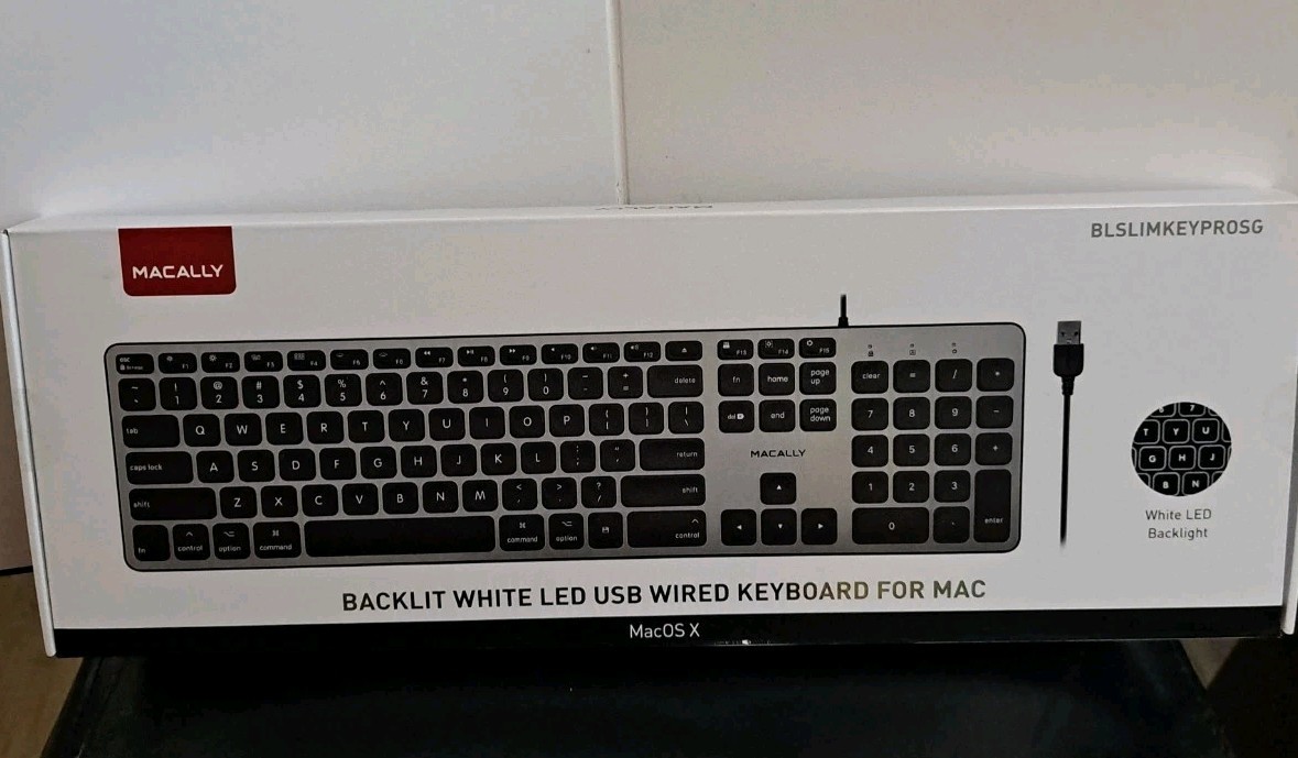 Macally BLSLIMKEYPROSG USB Wired Backlit White LED Keyboard Silver QWERTY Mac