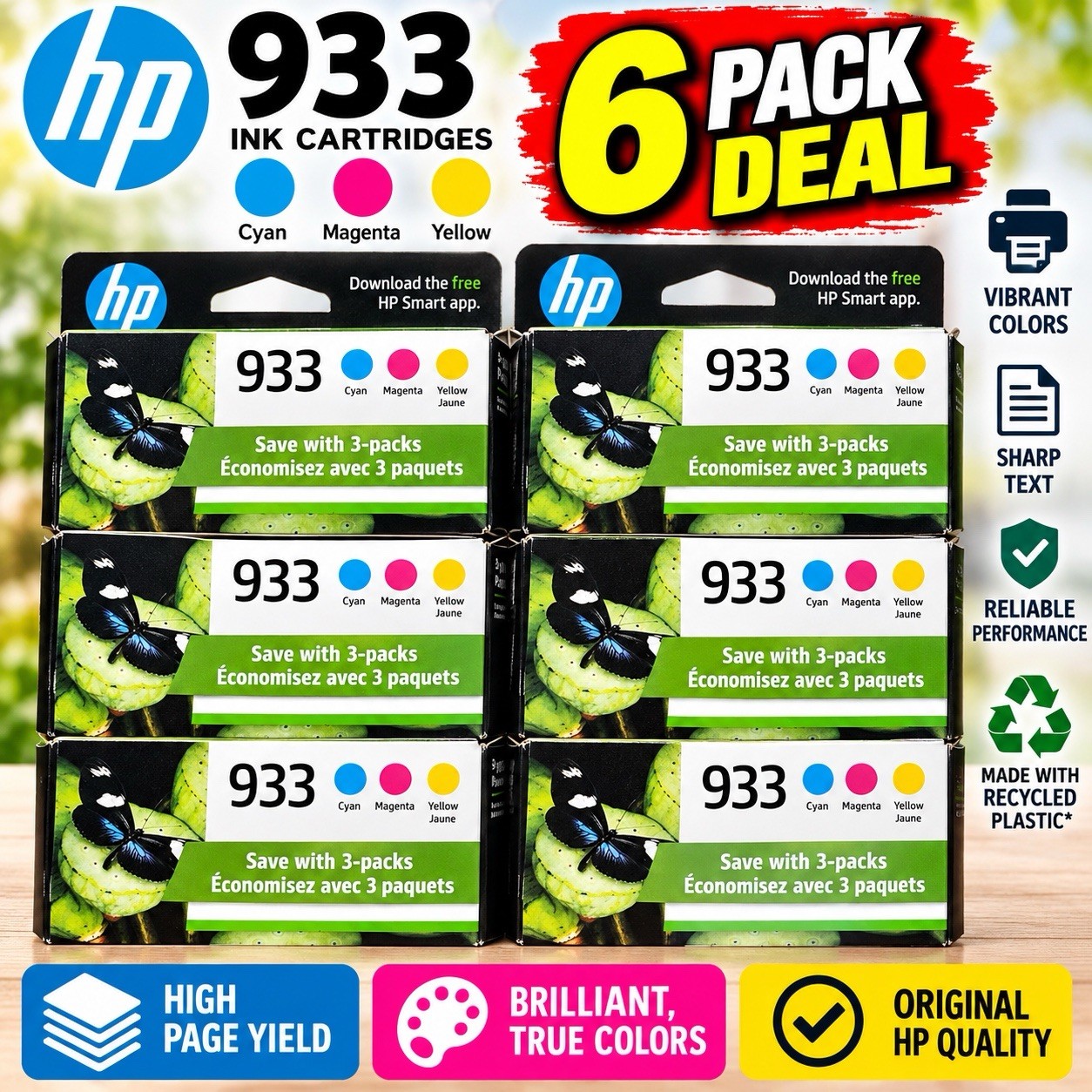 HP 933 Original Ink Cartridge 6-Pack C/M/Y Color Genuine OEM New