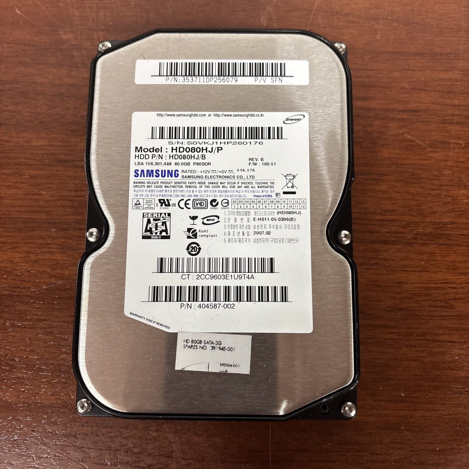 Samsung HD080HJ/P 80GB 7200 RPM SATA 3.5" Hard Drive