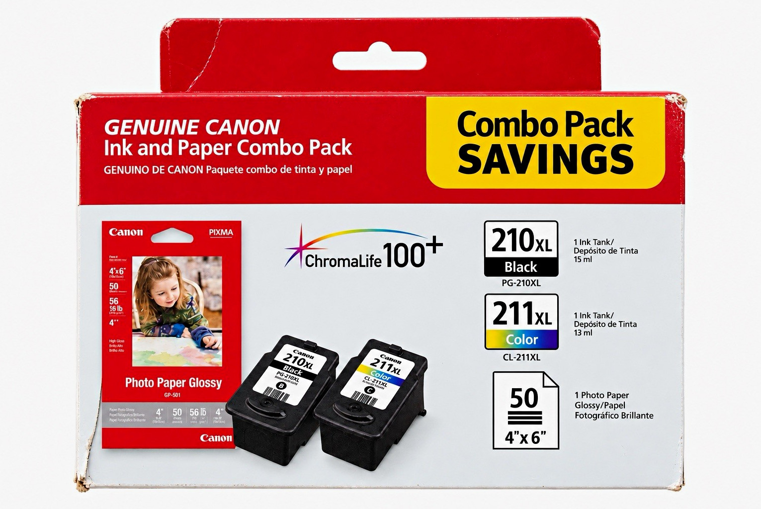 Canon Genuine PG-210XL Black CL-211XL Color Ink + 4x6 Glossy Photo Paper 50