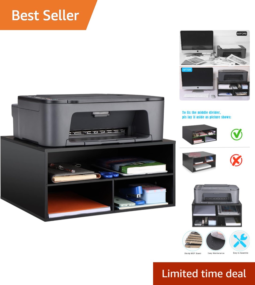 Heavy-Duty Multi-Purpose Printer Stand for Desk - Space-Saving Organizer, Black